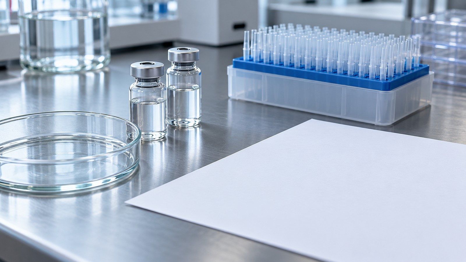 A lab bench with a printed document and a rack of vials behind it.