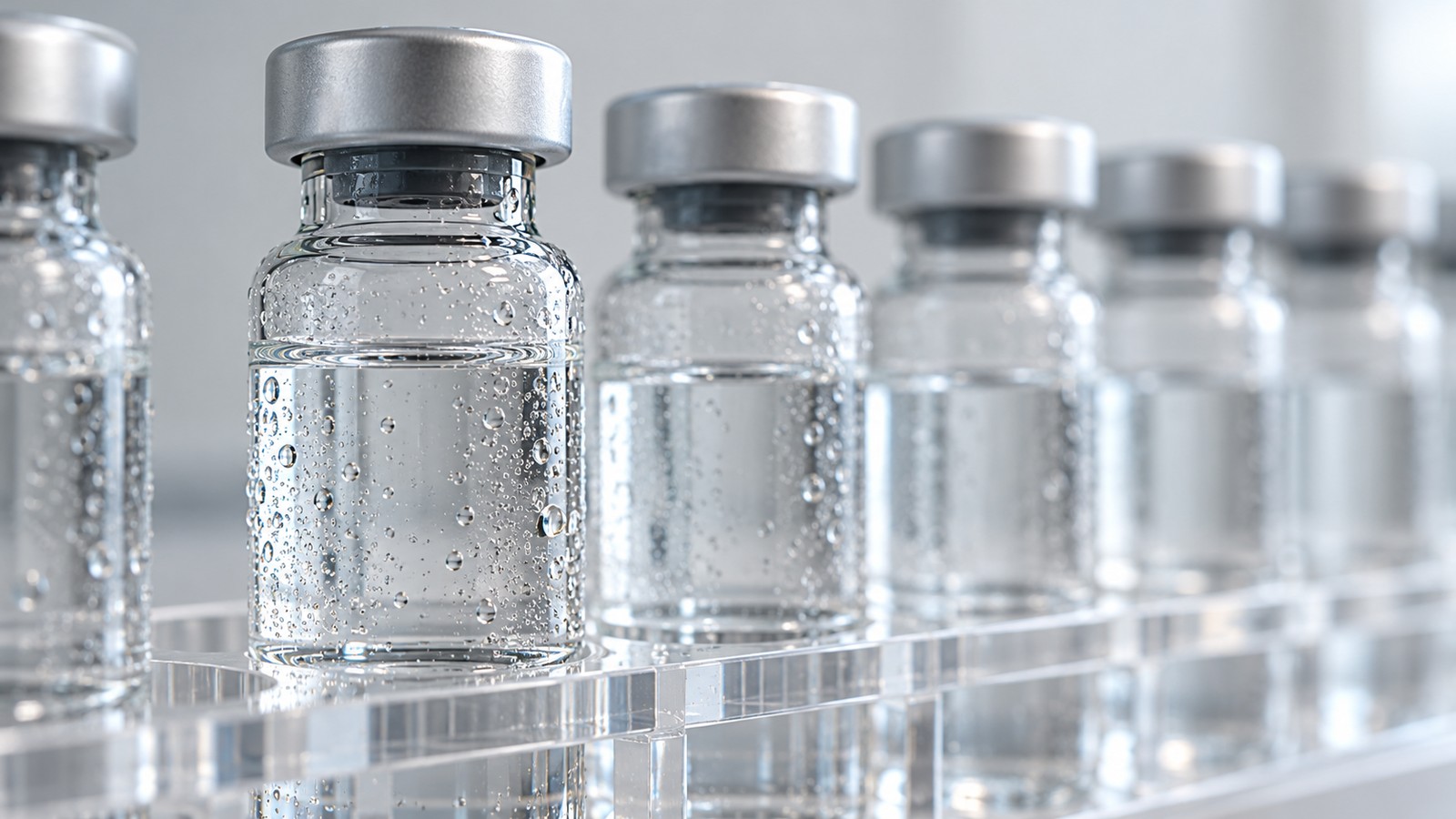 A rack of clear glass vials on a lab bench.
