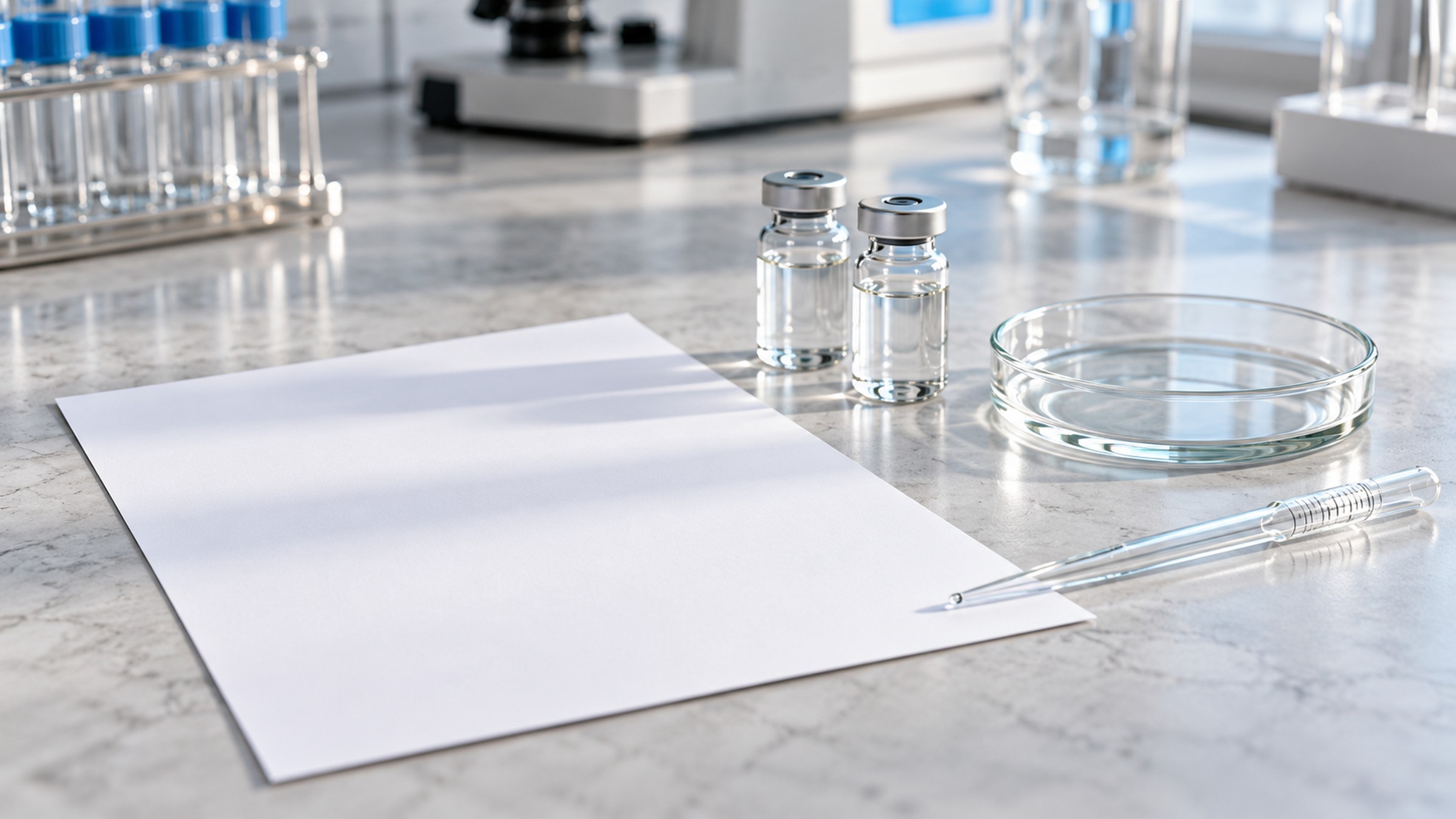 A printed page on a lab bench with vials in the background.