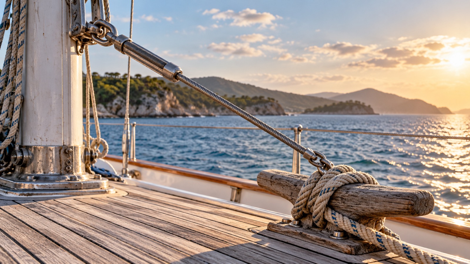 A taut steel cable running to a rope-wrapped wooden cleat on a boat deck.
