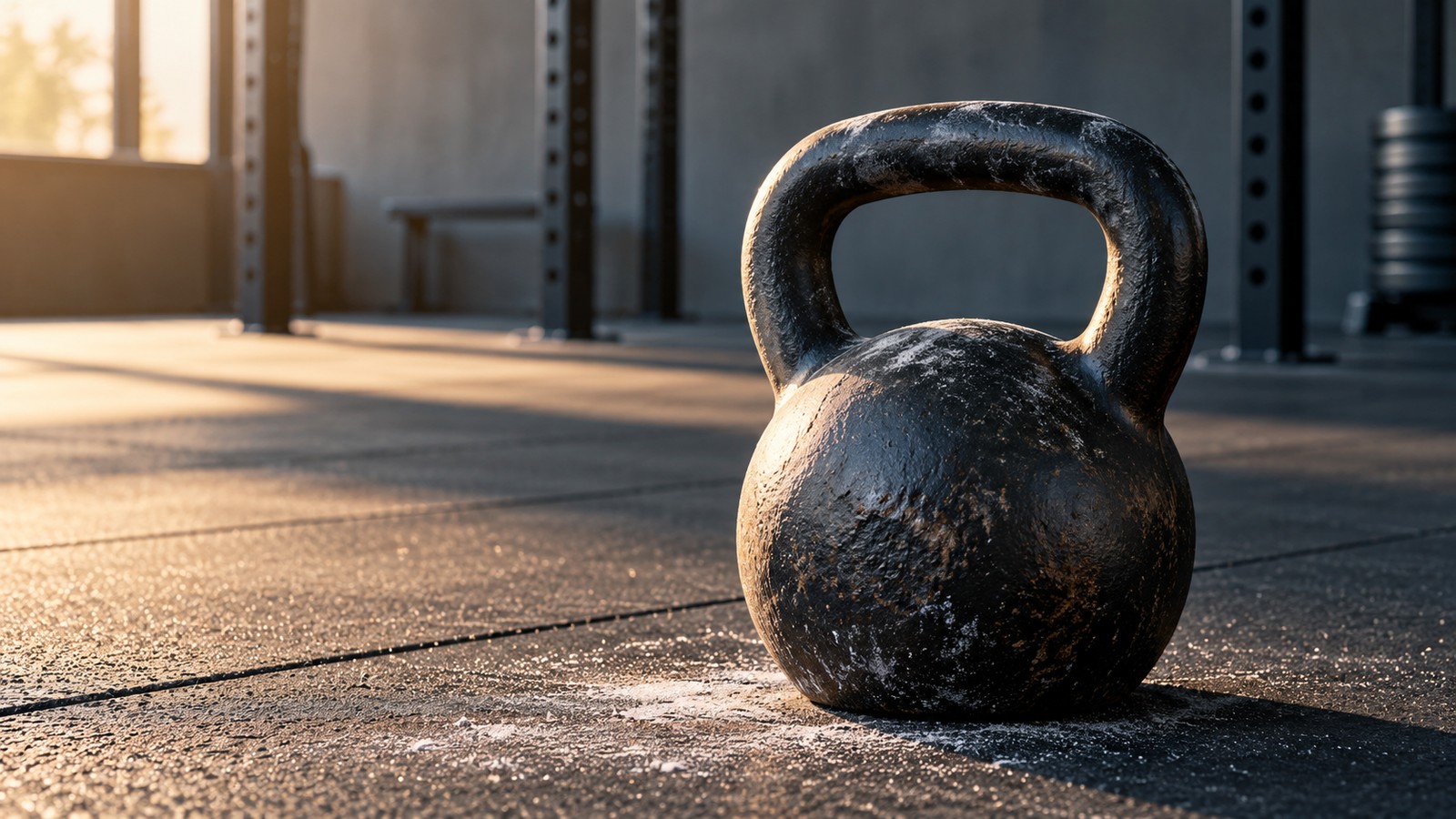 A loaded kettlebell with chalk dust on a gym floor.
