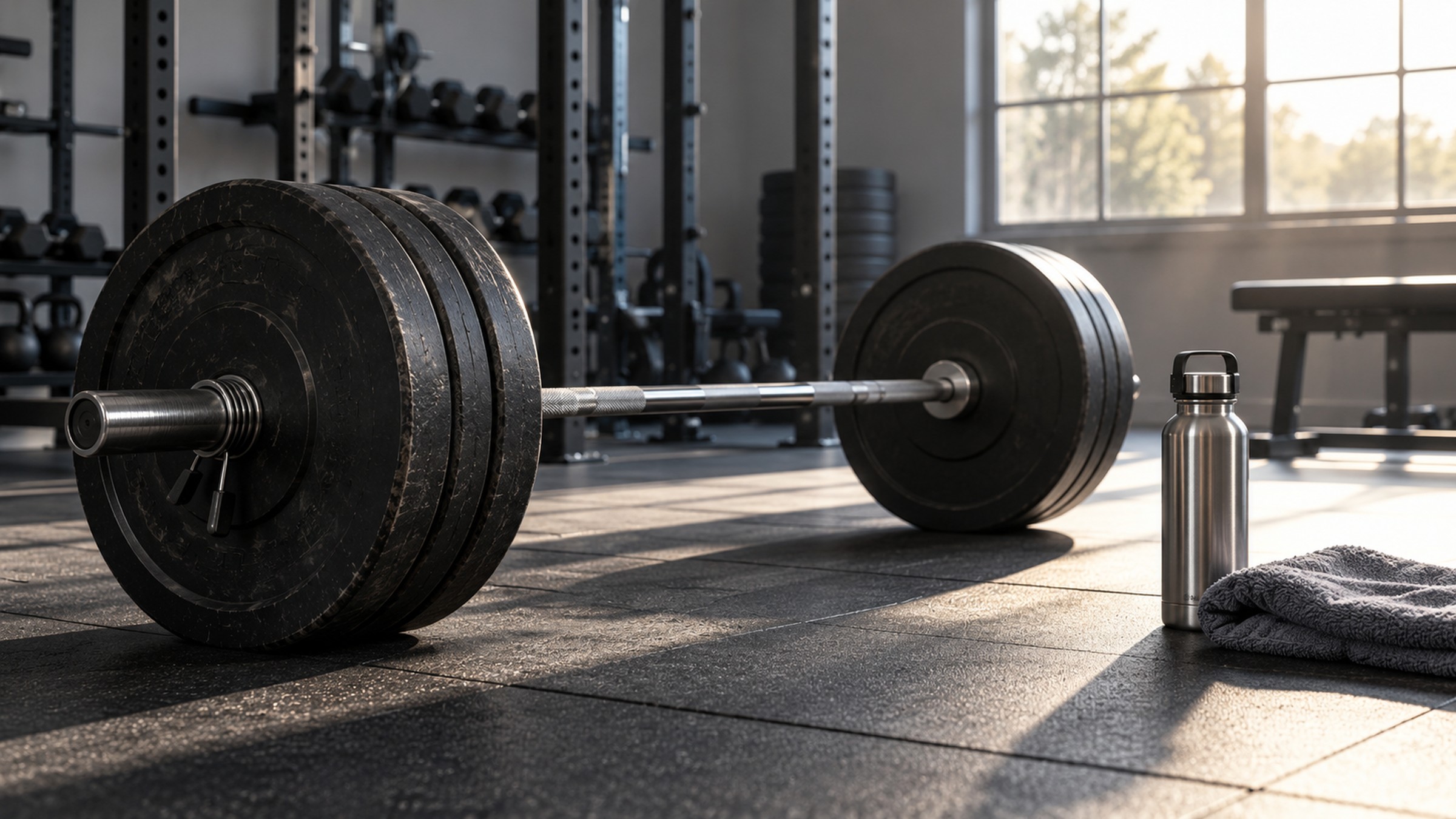 A loaded barbell on a rubber gym floor beside a shaker bottle.