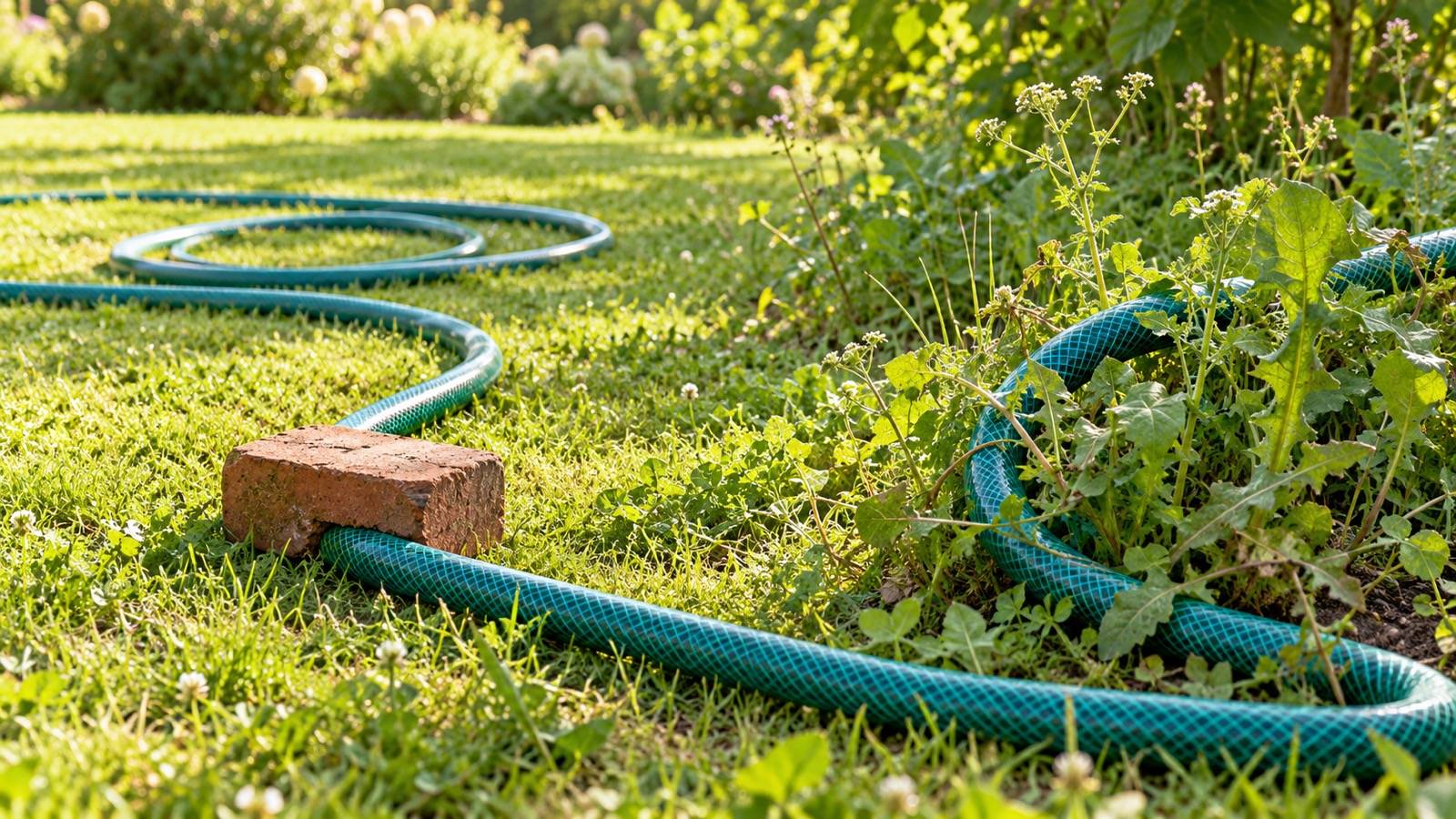 A garden hose running through grass with a brick pressing one bend.