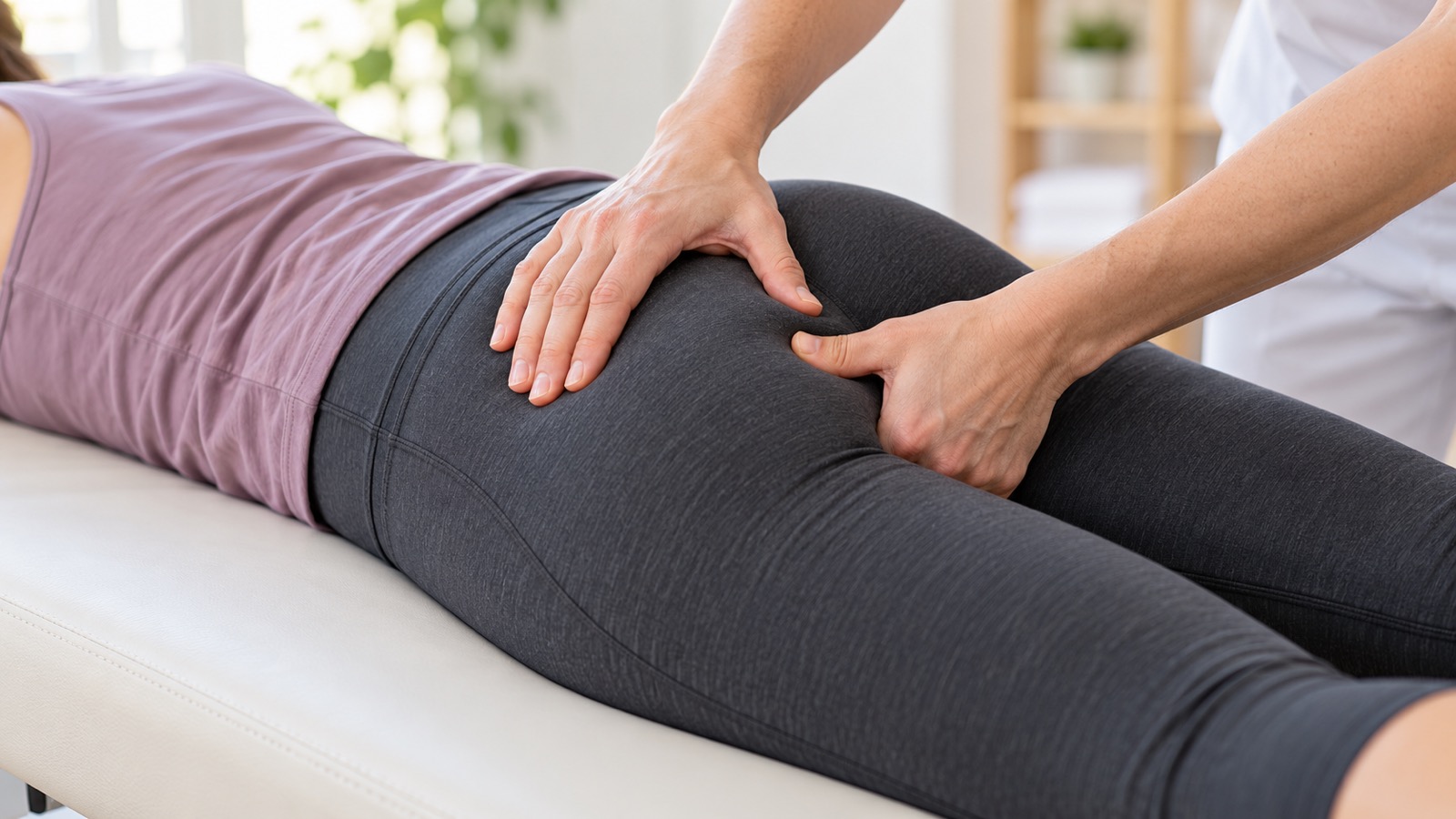 A clinician hands working the hip and glute on a treatment table.