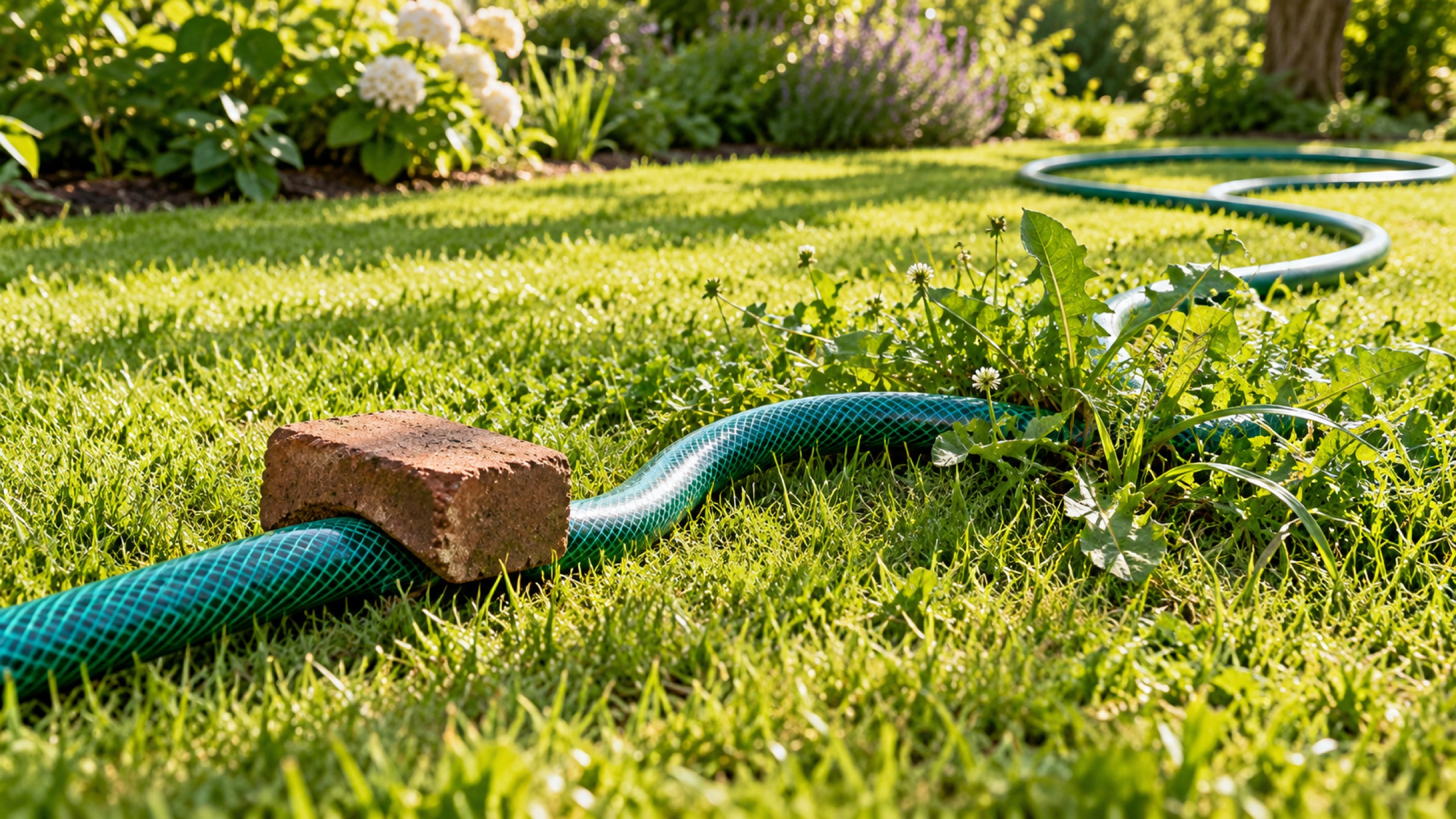 A garden hose coiled across a lawn, pinned by a brick and tangled in weeds.