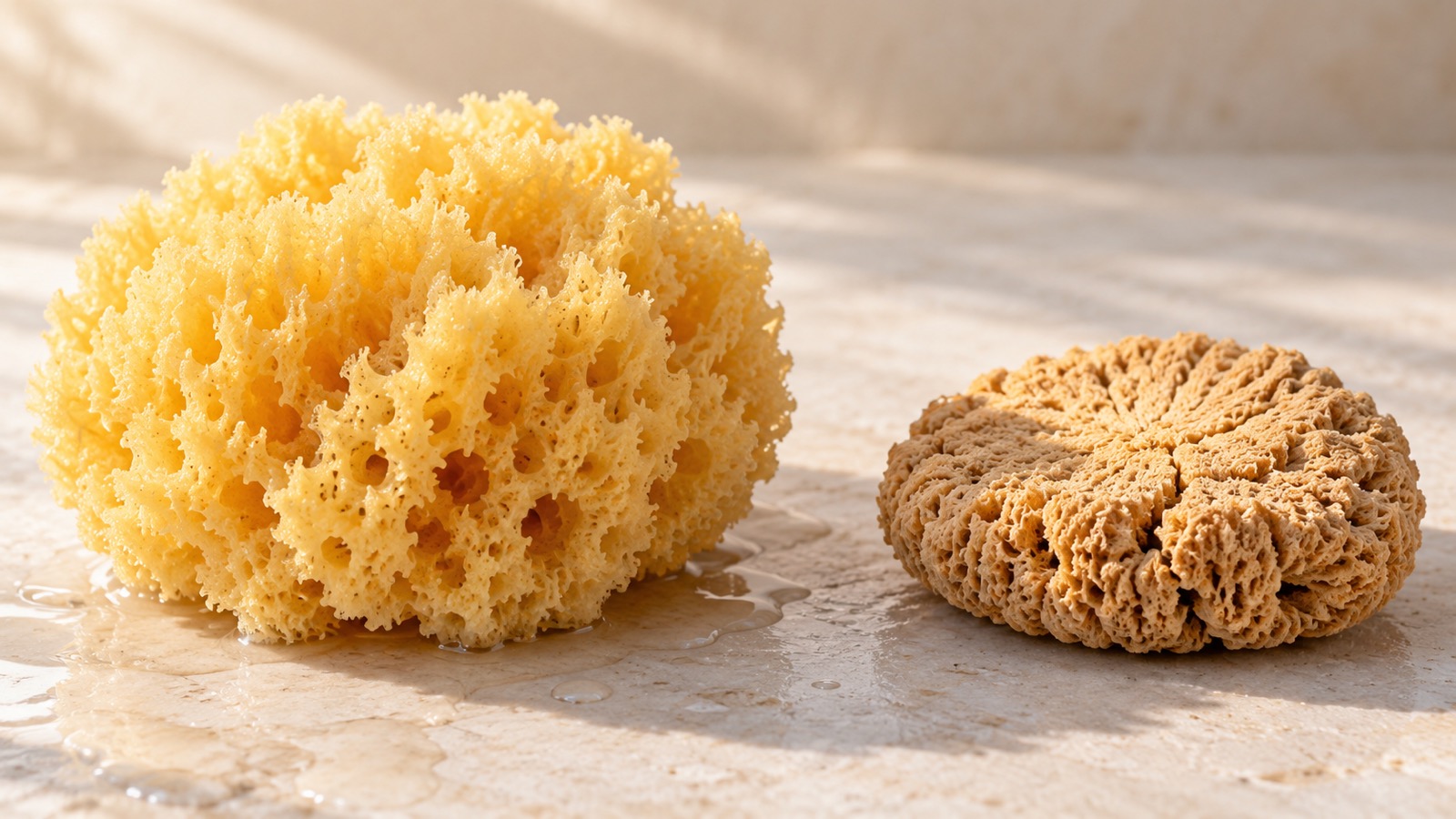 A plump wet sponge beside a flattened dry one on a wooden surface.
