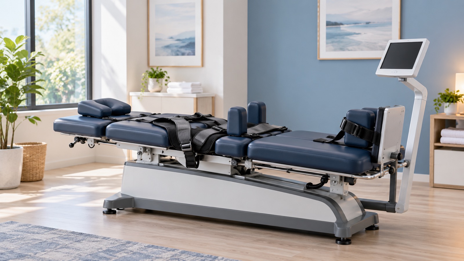 A treatment table with straps in a clinic room.