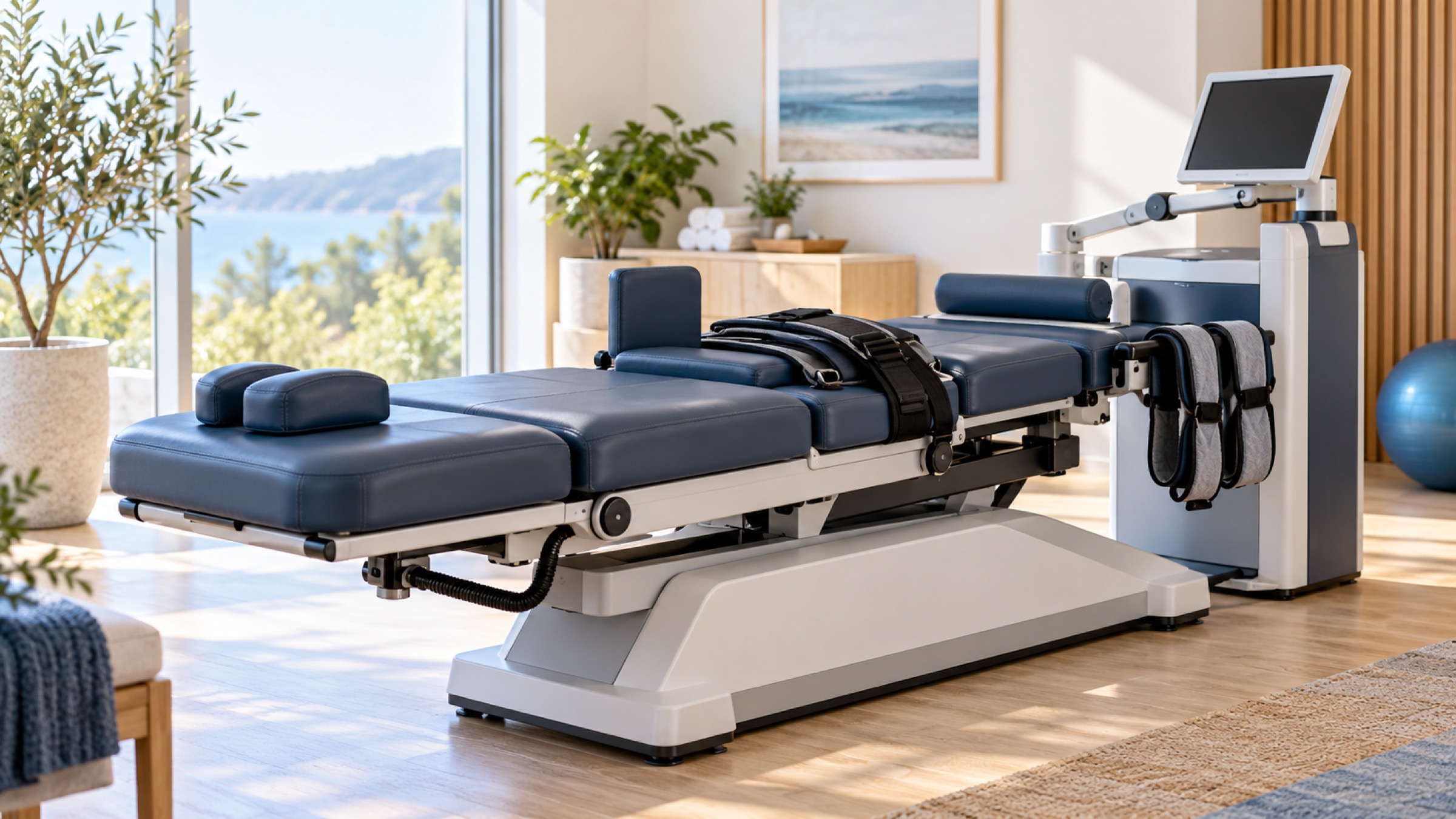 A spinal decompression table in a bright clinic room.