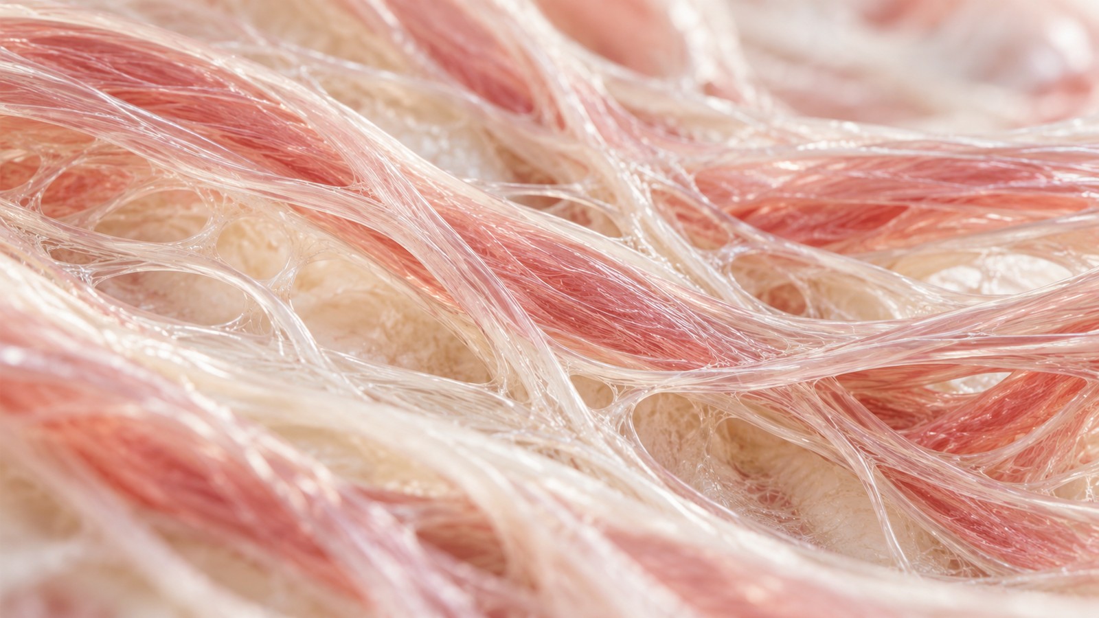 A macro of pale red muscle fibers and tendon.