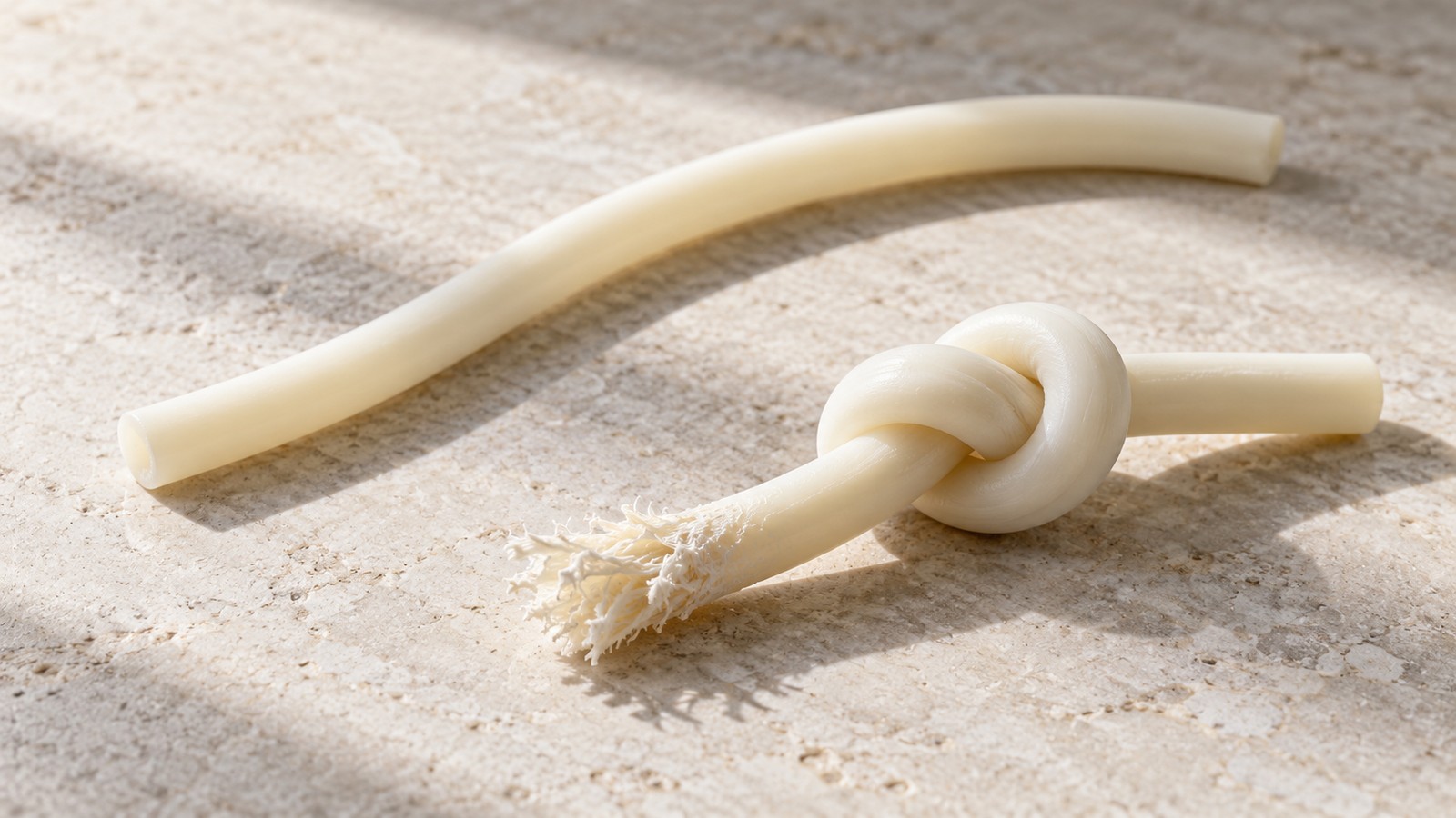 A smooth cream cord lying beside a knotted, frayed cord on a pale stone surface.