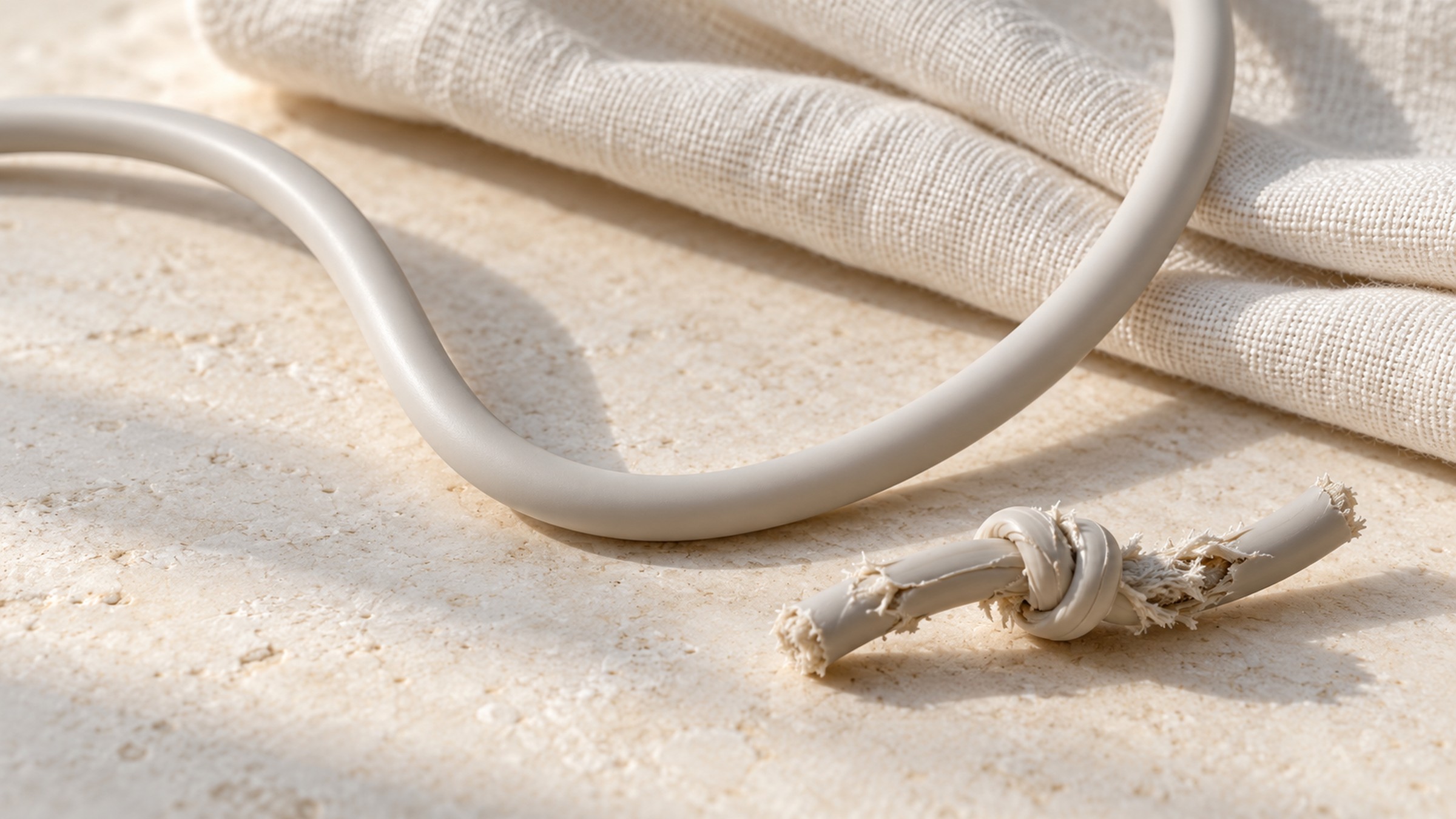 A smooth pale cord looping across a wooden surface.