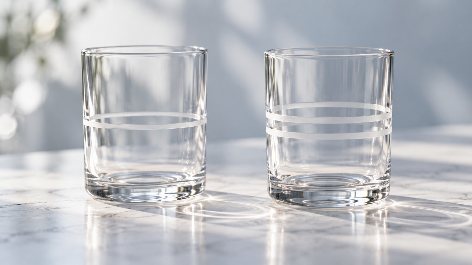 A row of clear glass vessels on a pale counter.