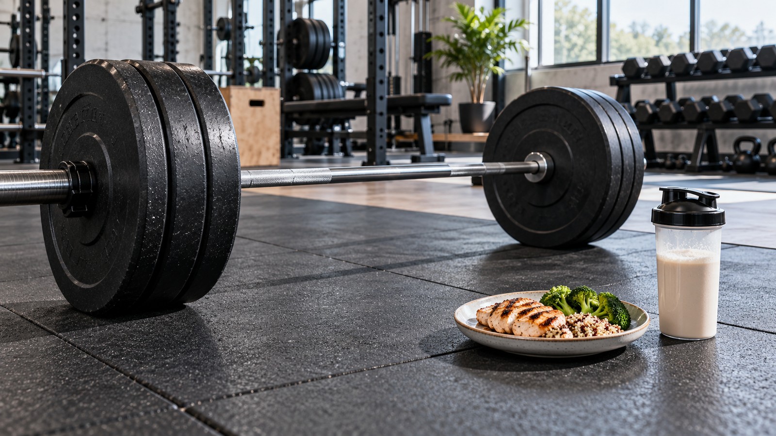 A loaded barbell and plates on a dark gym floor.