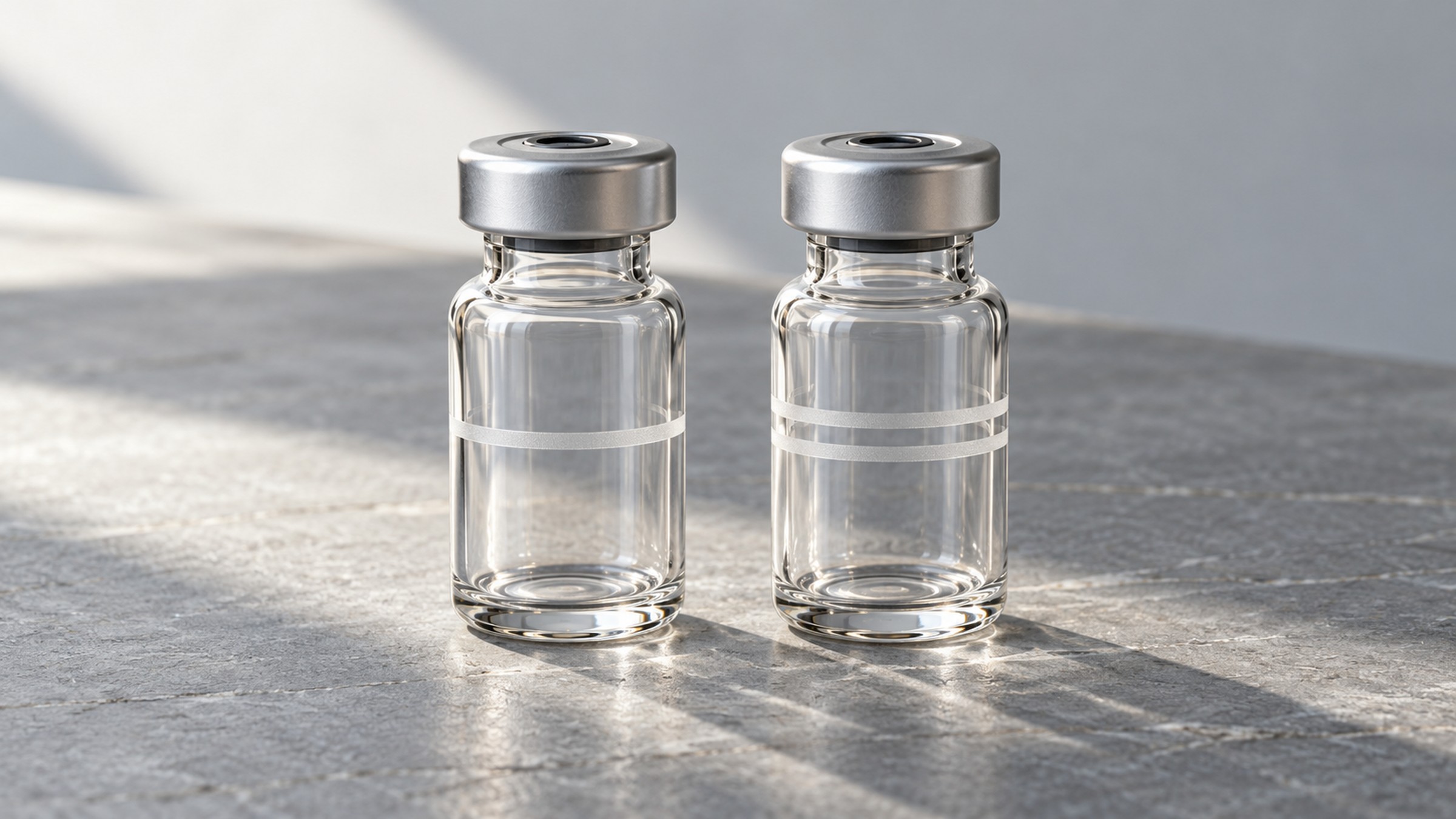 Three clear glass vials standing in a row on a pale counter.