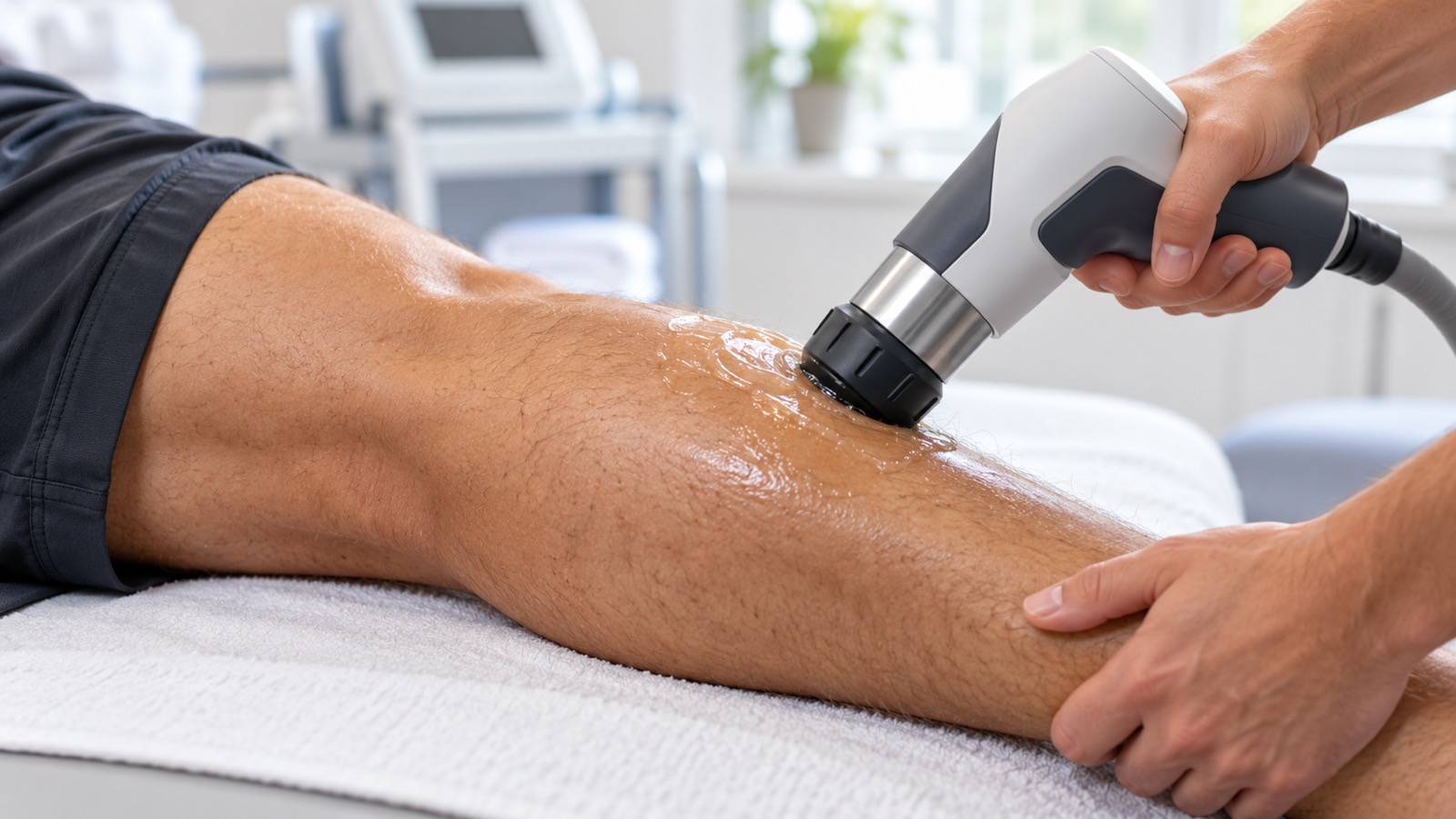 A shockwave applicator moving over a thigh with gel.