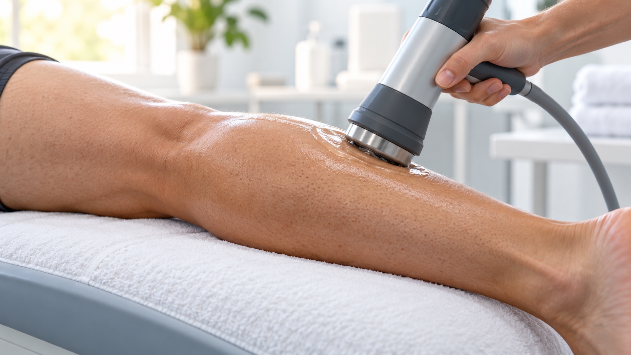 A shockwave handpiece gliding over a calf muscle with acoustic gel.