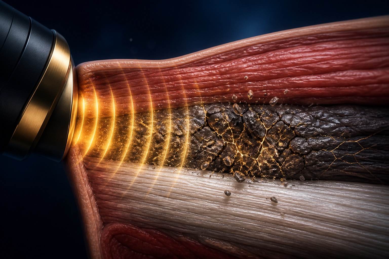 Acoustic pressure rings leaving a treatment head, passing through muscle, cracking a scar inclusion, and leaving tendon fibers below intact.