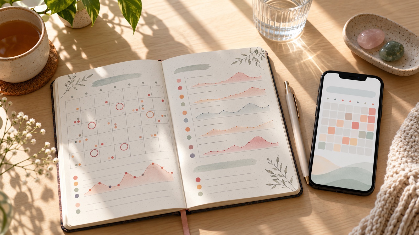 An open training journal with sketched charts beside a phone showing a calendar.