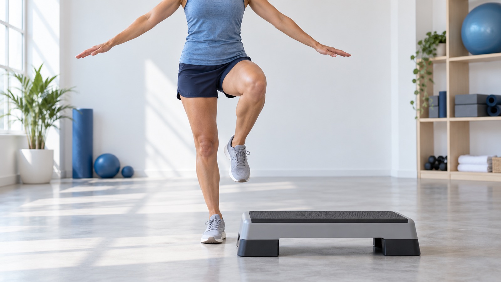 A woman balancing on one leg beside a step platform in a gym.