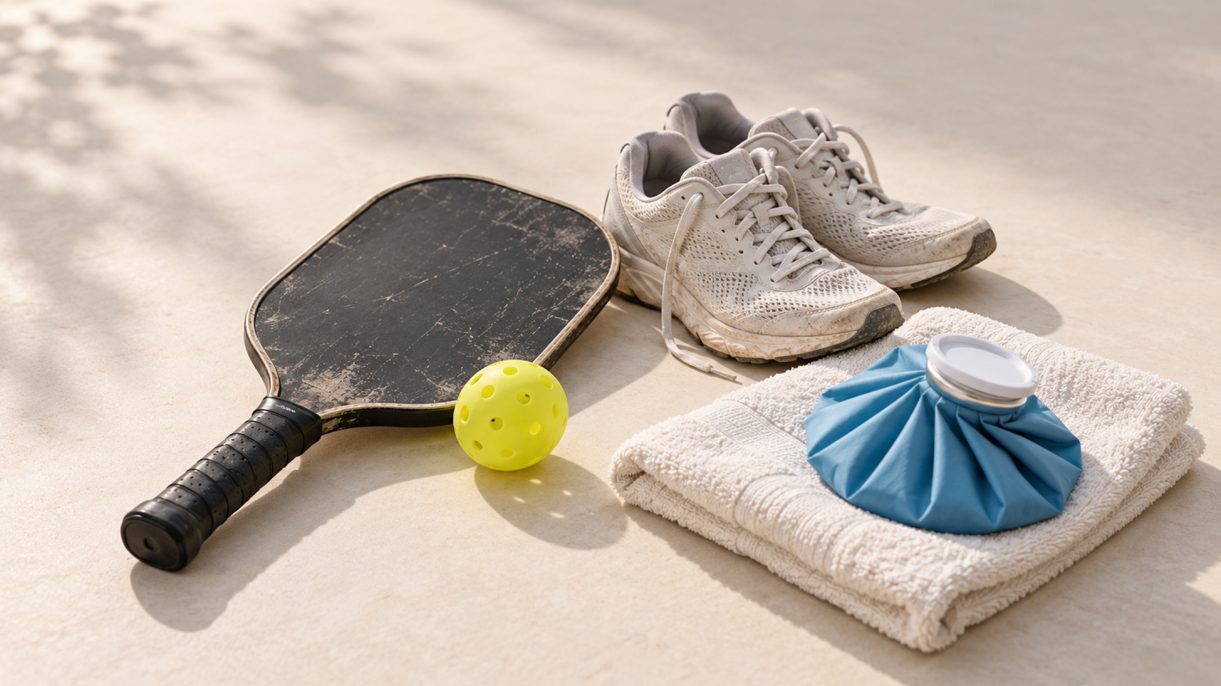 A pickleball paddle and ball with running shoes and a blue ice pack on a court.