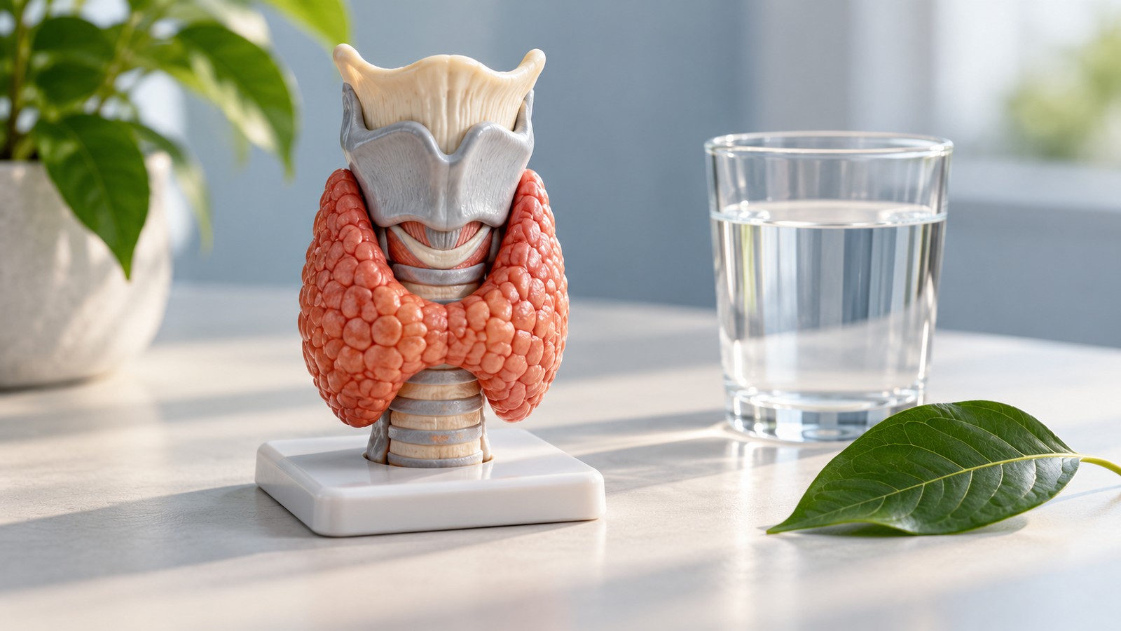 An anatomical model of the thyroid beside a glass of water.