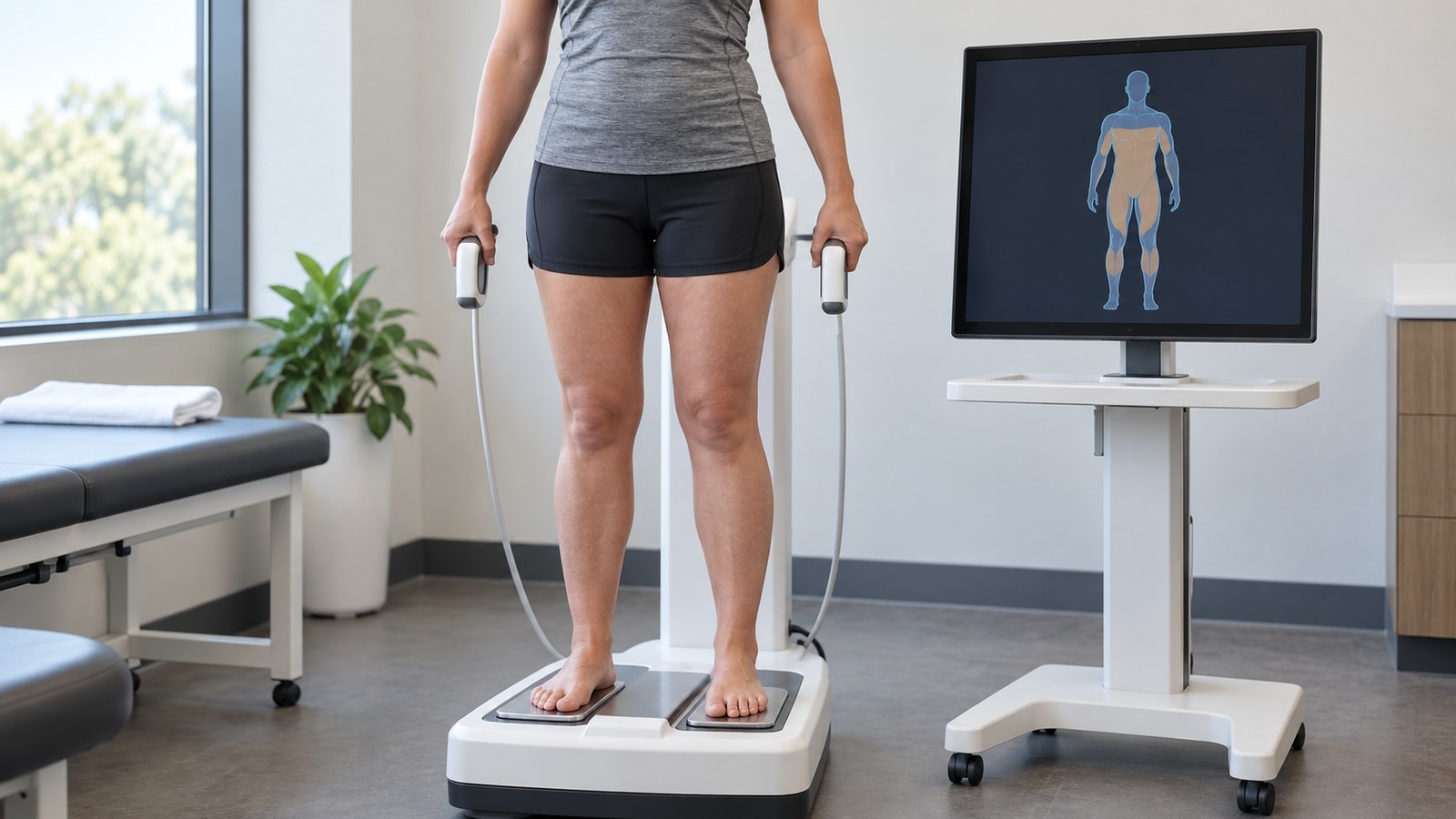 A person standing barefoot on a body-composition scale with hand grips, a monitor showing a muscle map beside them.