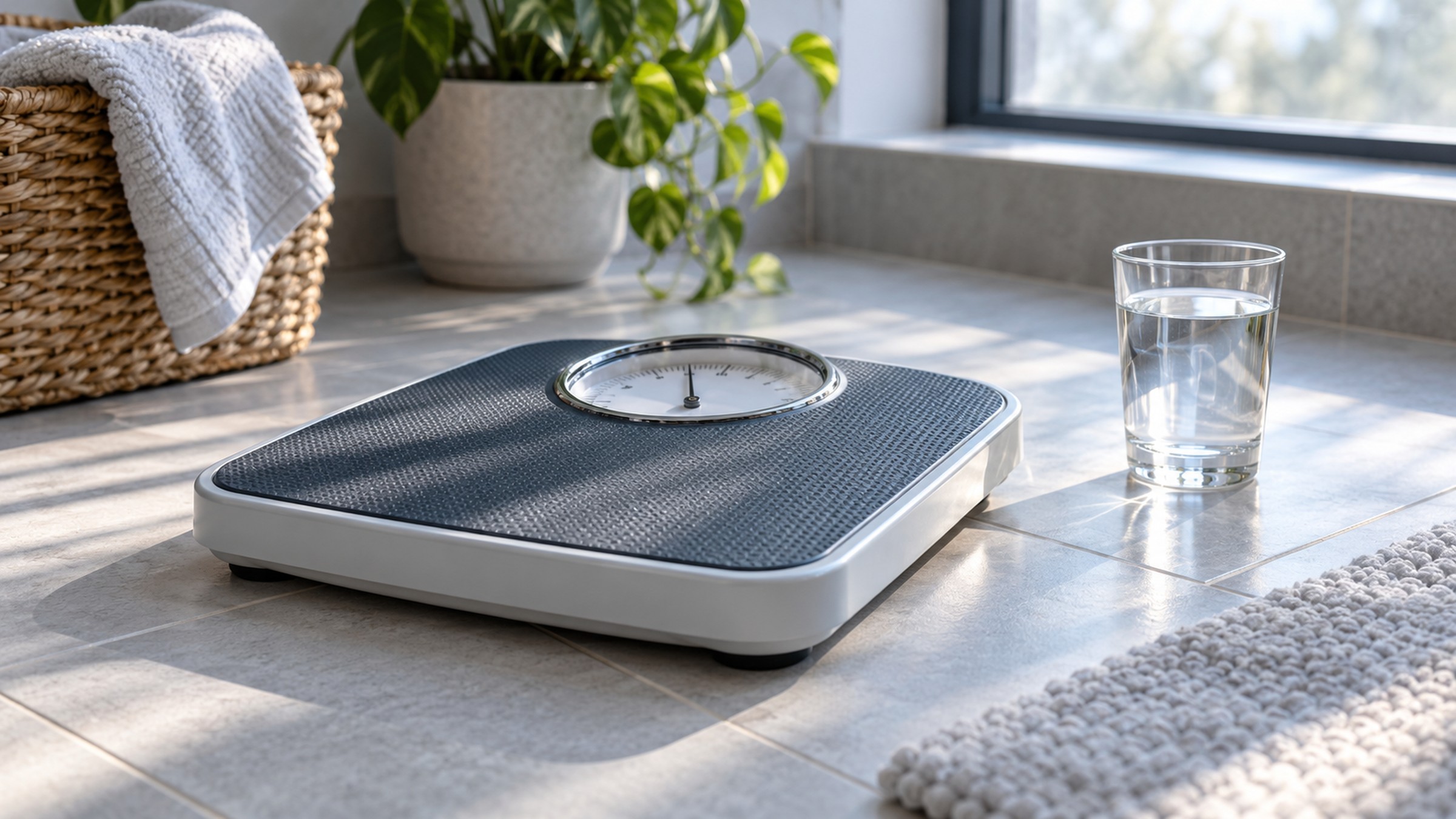 A bathroom scale beside a glass of water and a folded towel.
