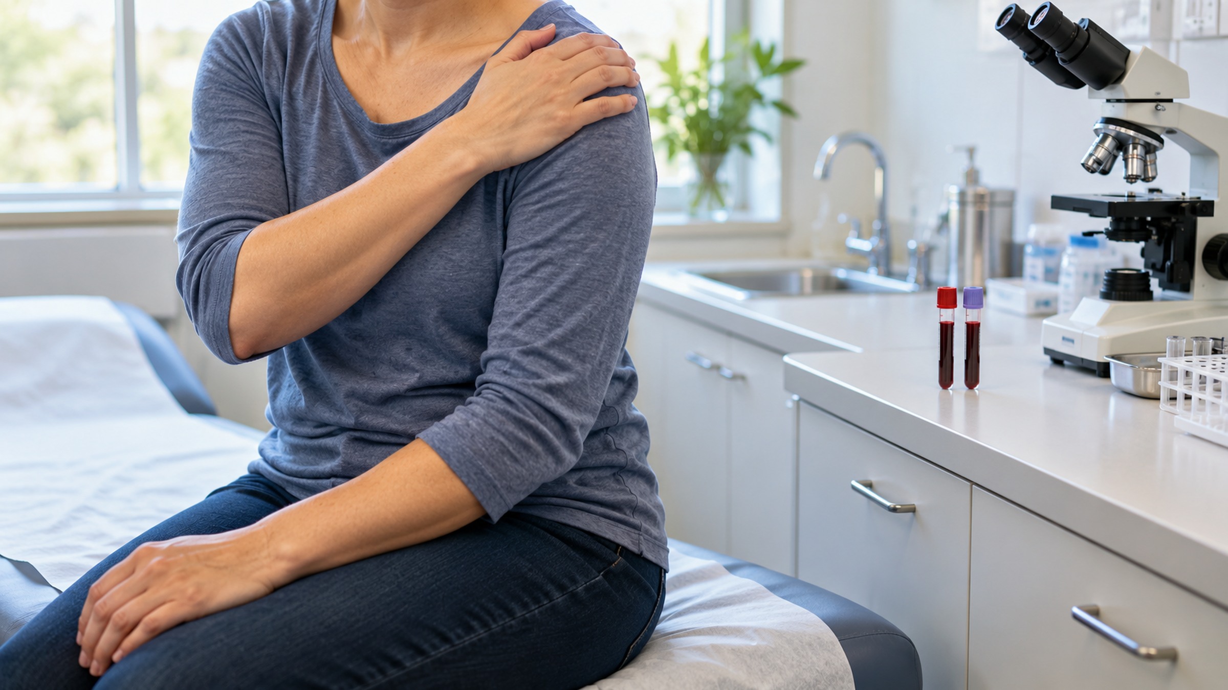 A person seated on a treatment table with a hand on their shoulder, two blood tubes and a microscope on the counter behind.