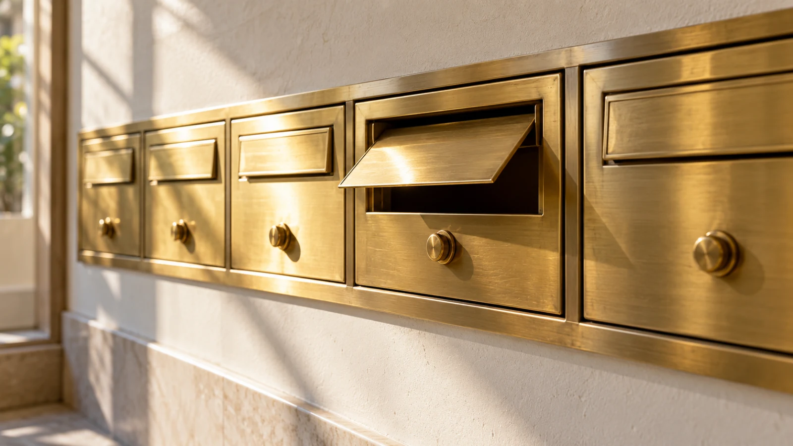 A row of brass mail-slot doors along a wall in warm daylight.