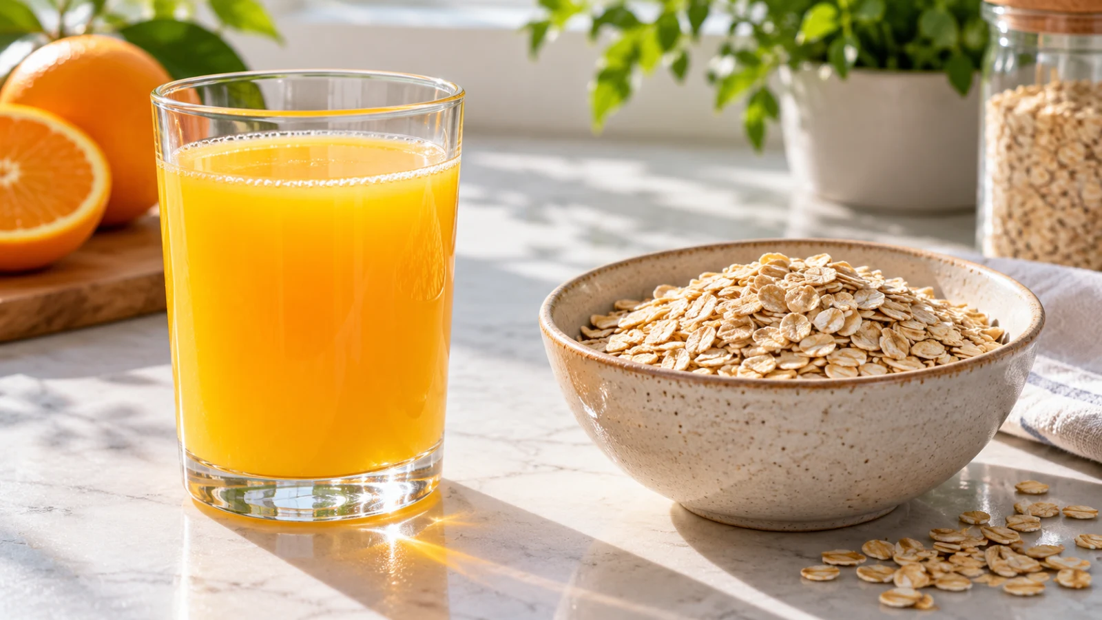 A glass of orange juice beside a bowl of rolled oats on a sunlit counter.