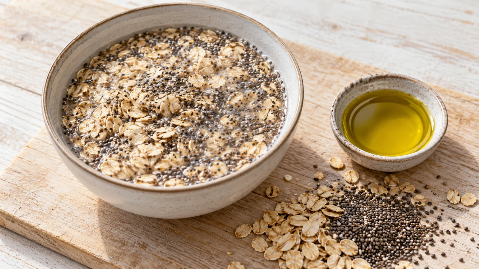 A bowl of oats topped with chia seeds beside a small dish of olive oil on a wood board.