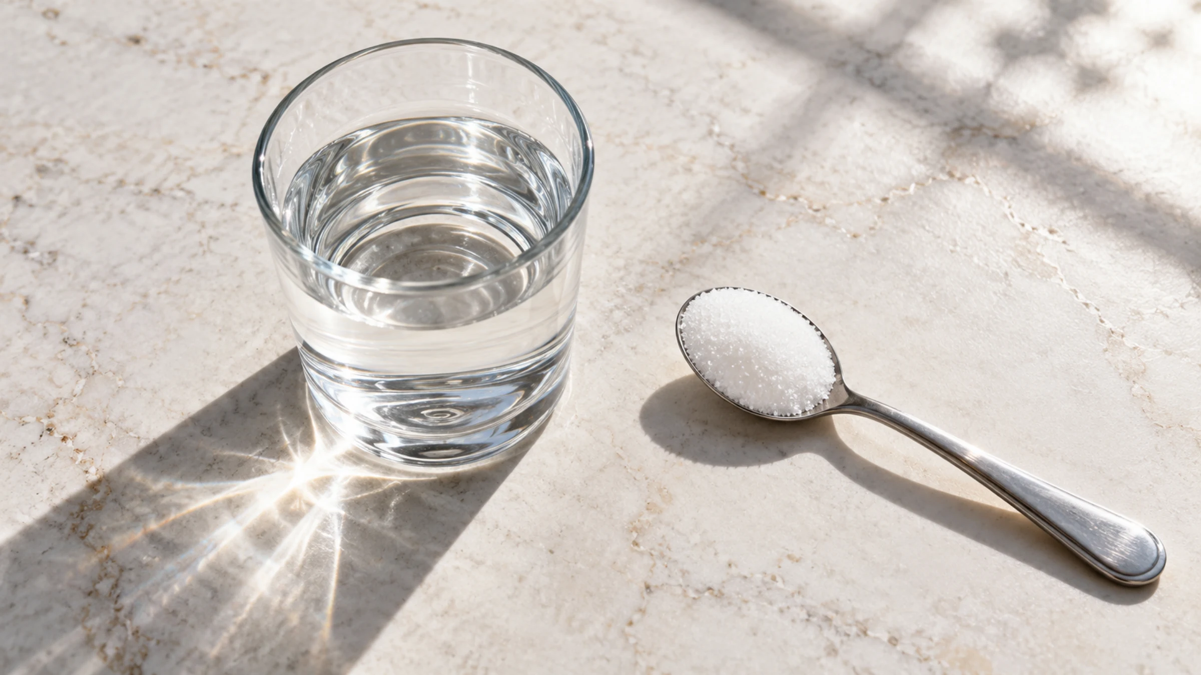 A clear glass of water beside a level teaspoon of white sugar on a pale stone surface.