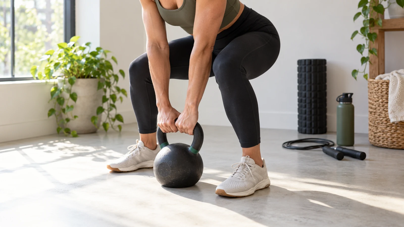 A woman lowering a kettlebell in a bright room with a foam roller and jump rope nearby.