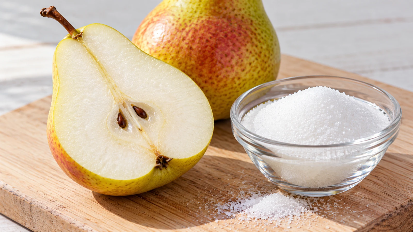 A halved ripe pear beside a glass bowl of white sugar on a wood board.