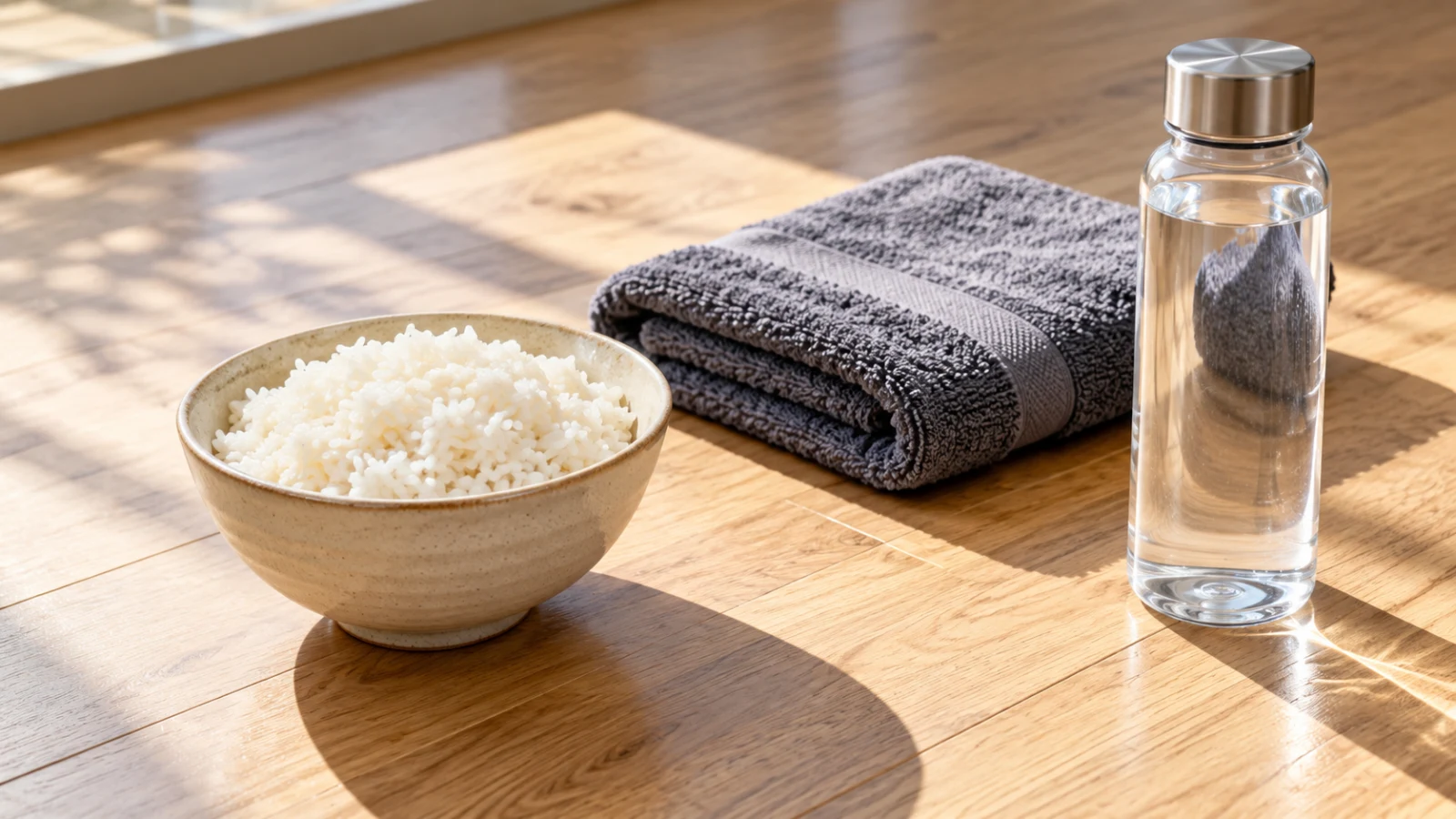 A bowl of cooked white rice beside a folded grey towel and a water bottle on a sunlit floor.