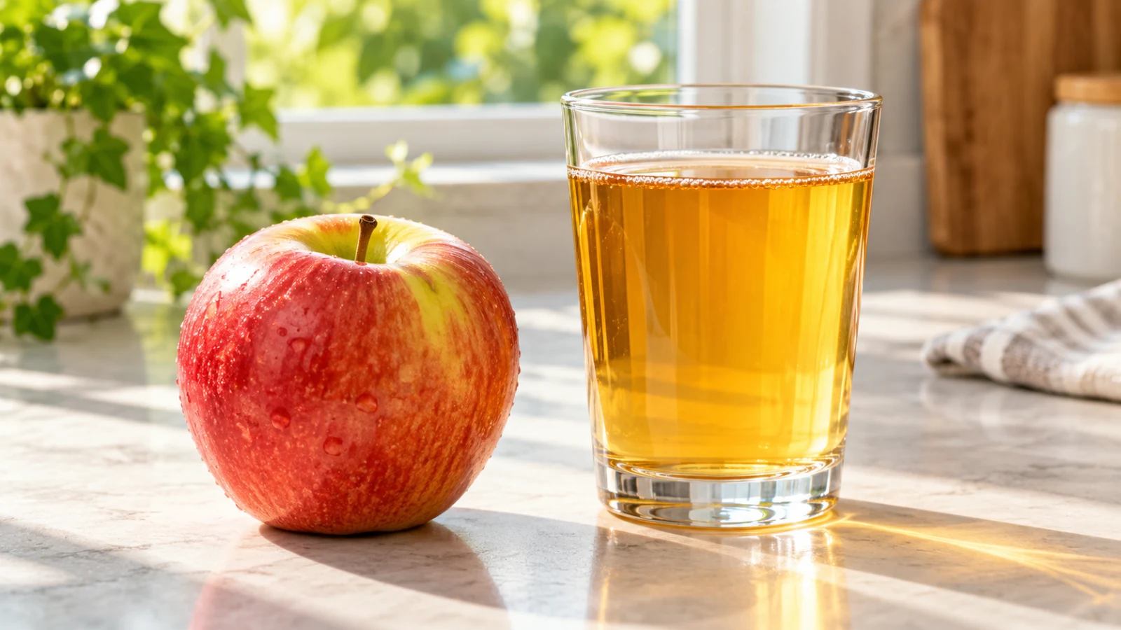A whole apple beside a glass of pressed apple juice on a sunlit counter.
