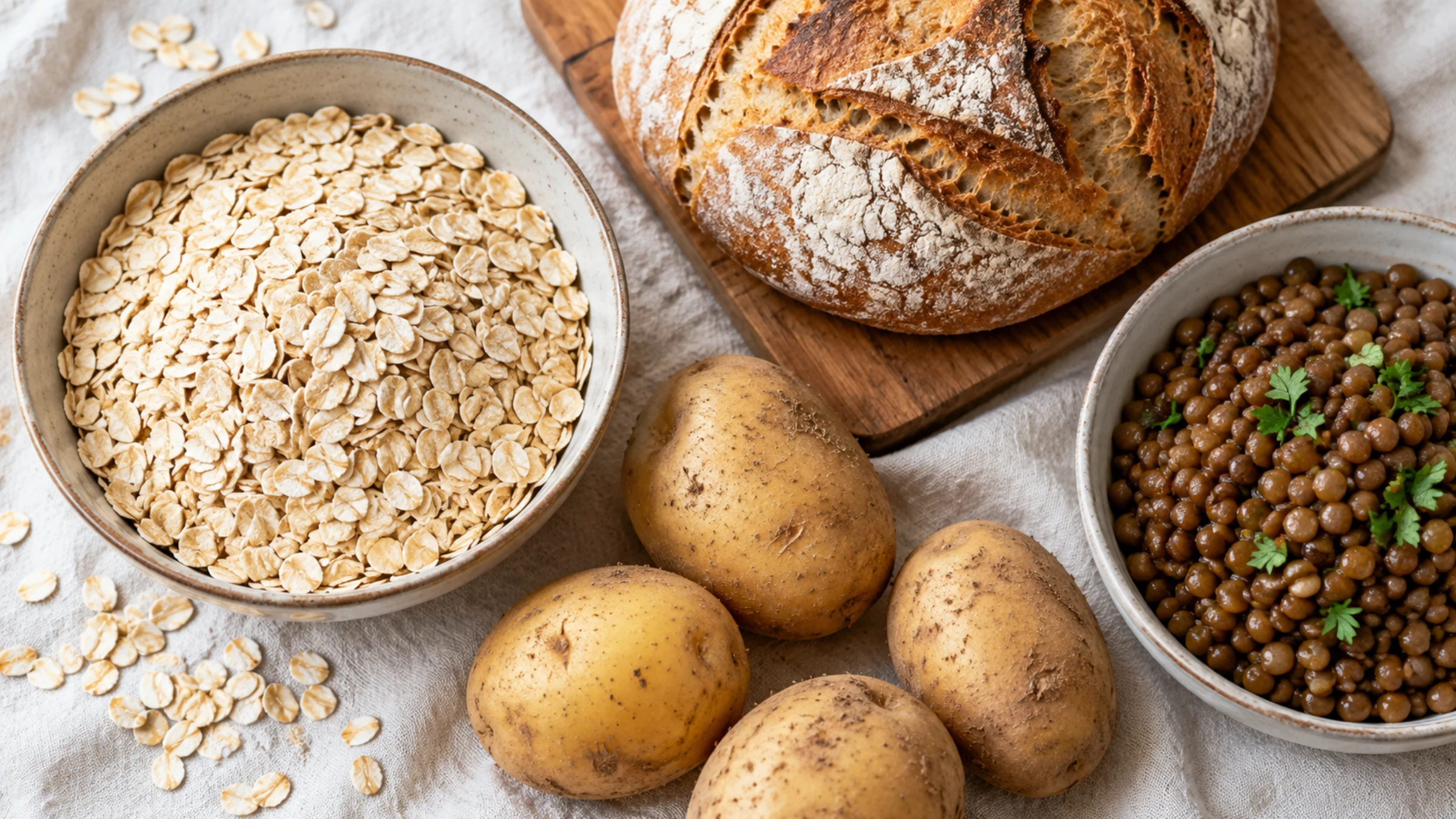 An overhead of rolled oats, a crusty loaf, whole potatoes, and cooked lentils on a linen cloth.