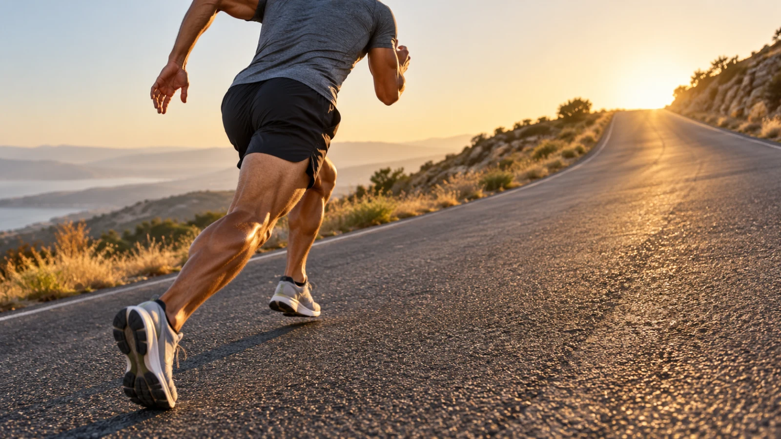 A runner sprinting uphill on a road in golden light.