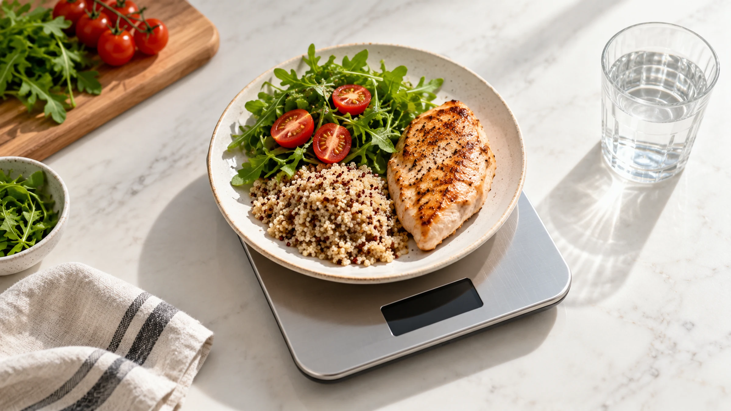 A plated chicken, grain, and tomato salad resting on a kitchen scale beside a glass of water.