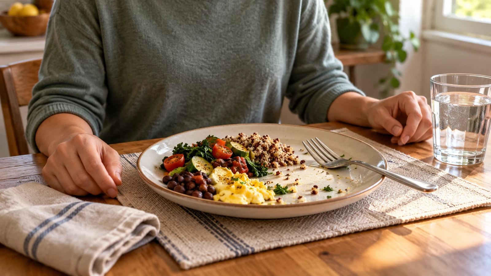 A half-finished plate of scrambled eggs, black beans, quinoa, and greens beside a glass of water at a wooden table.