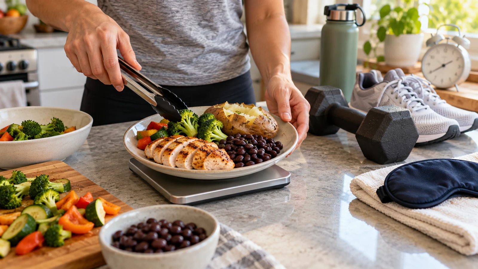 A plated meal of sliced chicken, potato, broccoli, and beans on a kitchen scale beside a dumbbell, running shoes, a water bottle, and a sleep mask.