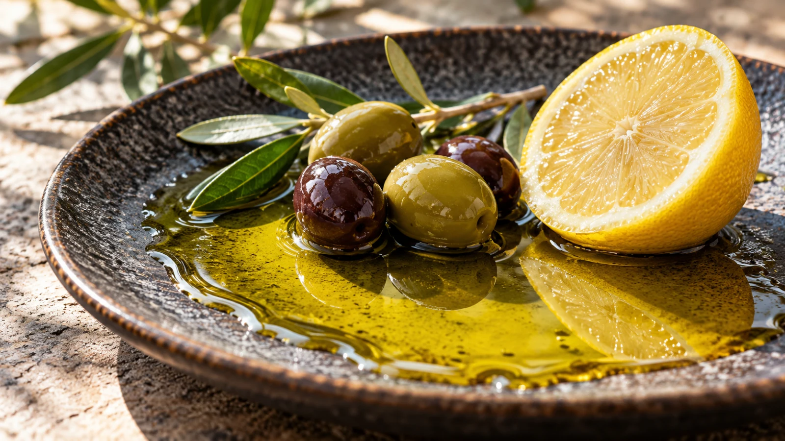 A dark ceramic plate of olive oil with whole olives and a lemon half in raking light.