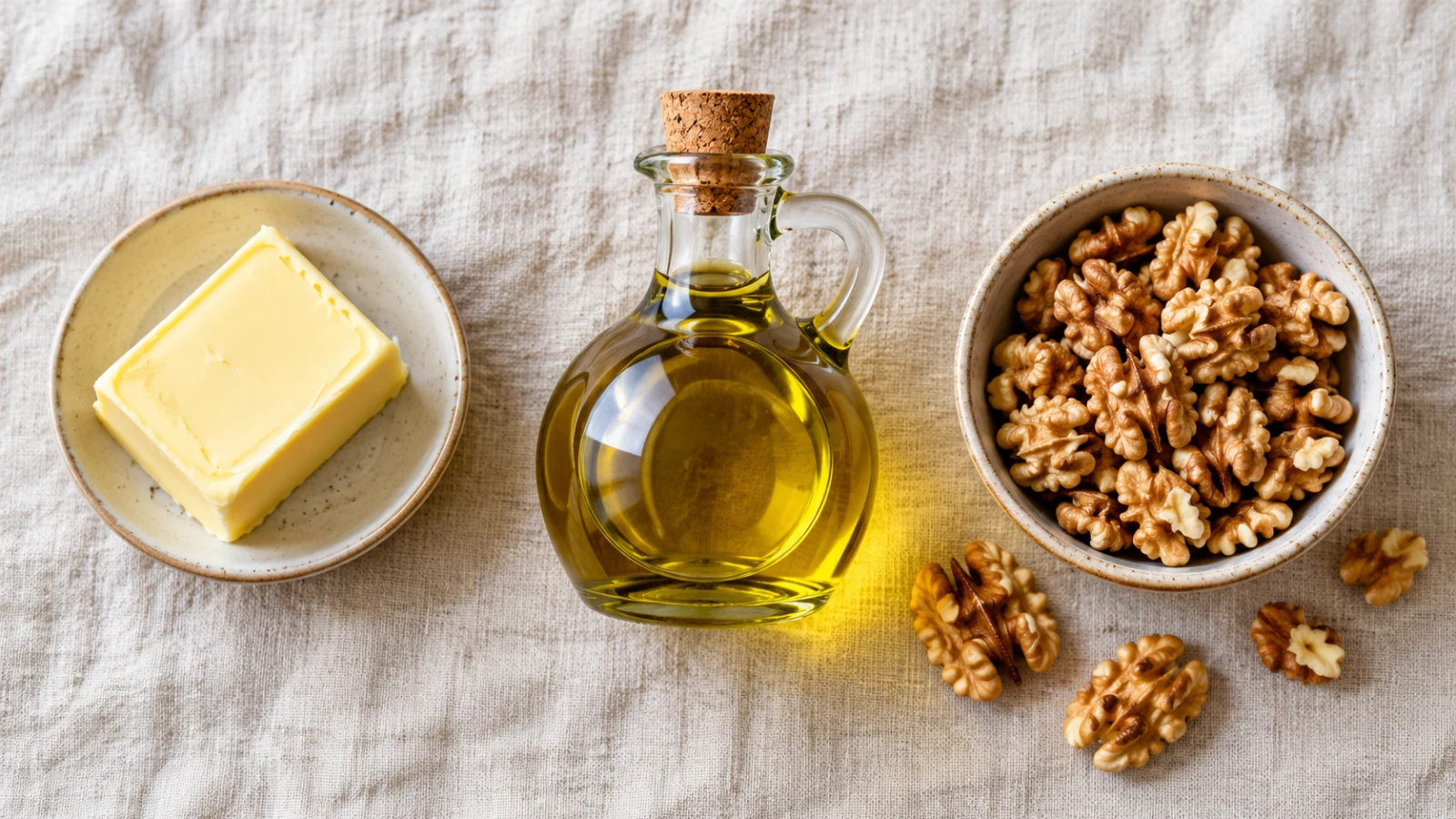 A marble surface with a dish of butter, a bottle of olive oil, and a bowl of walnuts.