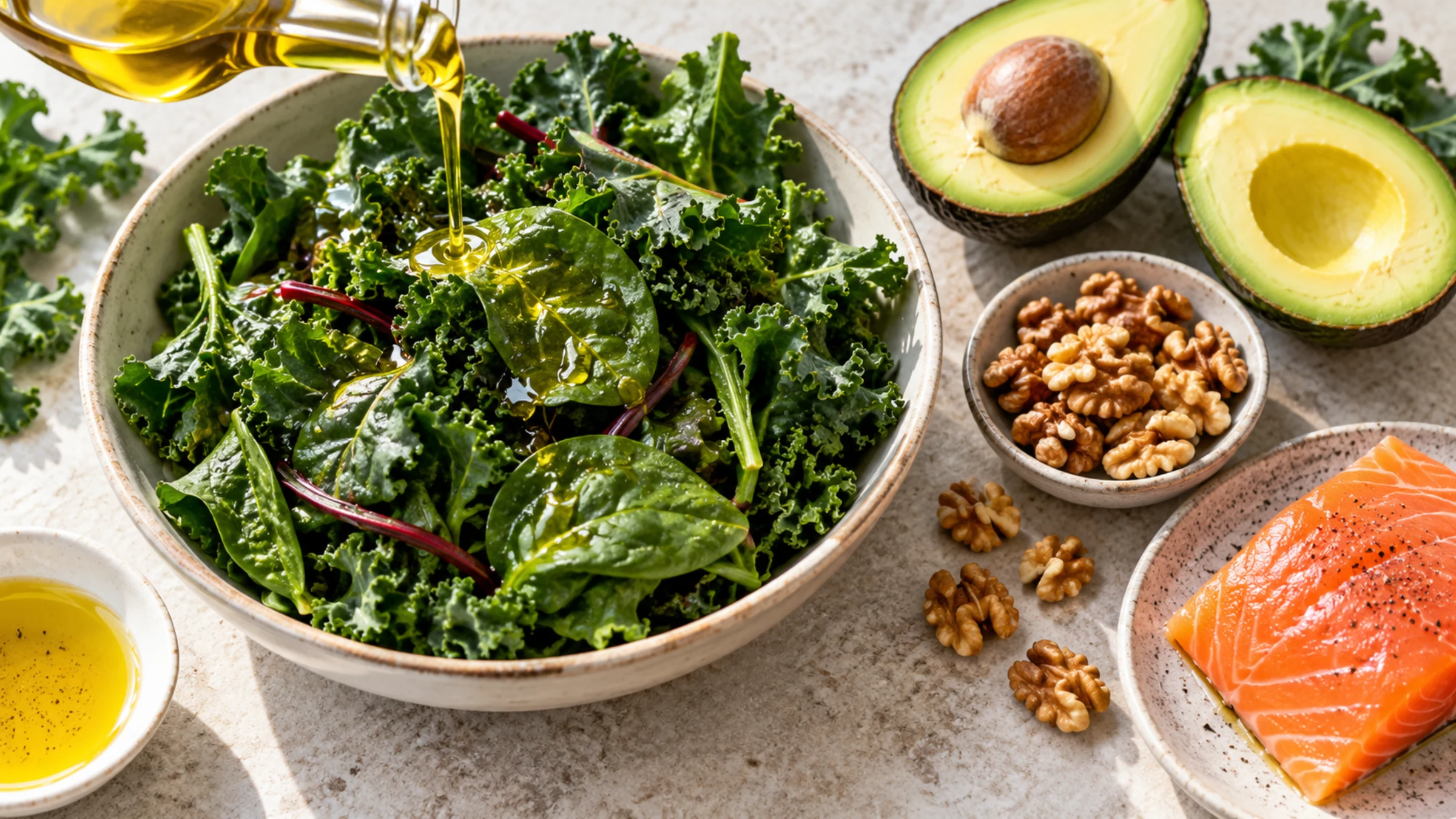 Olive oil drizzling over a bowl of dark leafy greens with sliced avocado, walnuts, and a cut salmon fillet.