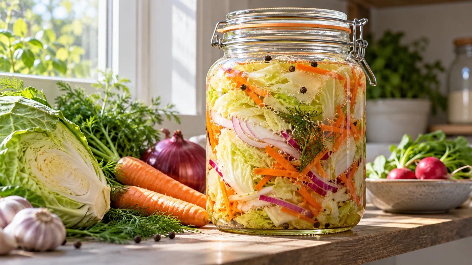 A glass jar of fermenting shredded vegetables and brine beside fresh cabbage, carrots, and garlic.
