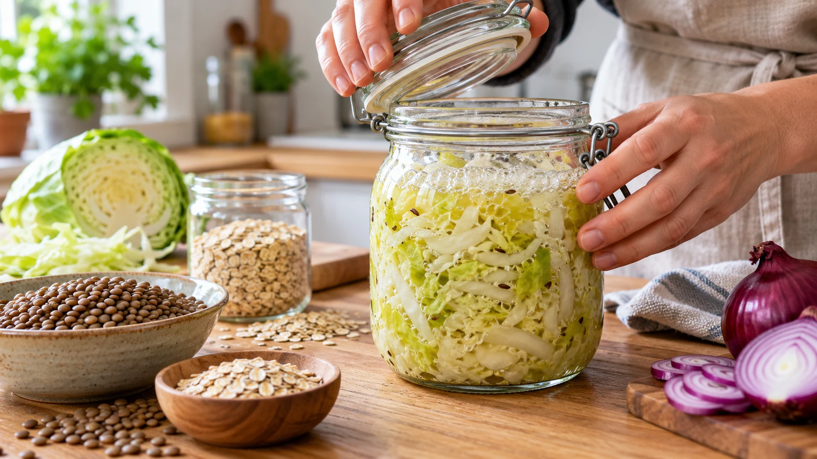 Hands closing a glass jar of bubbling sauerkraut on a table with bowls of lentils and oats, cabbage, and red onion.
