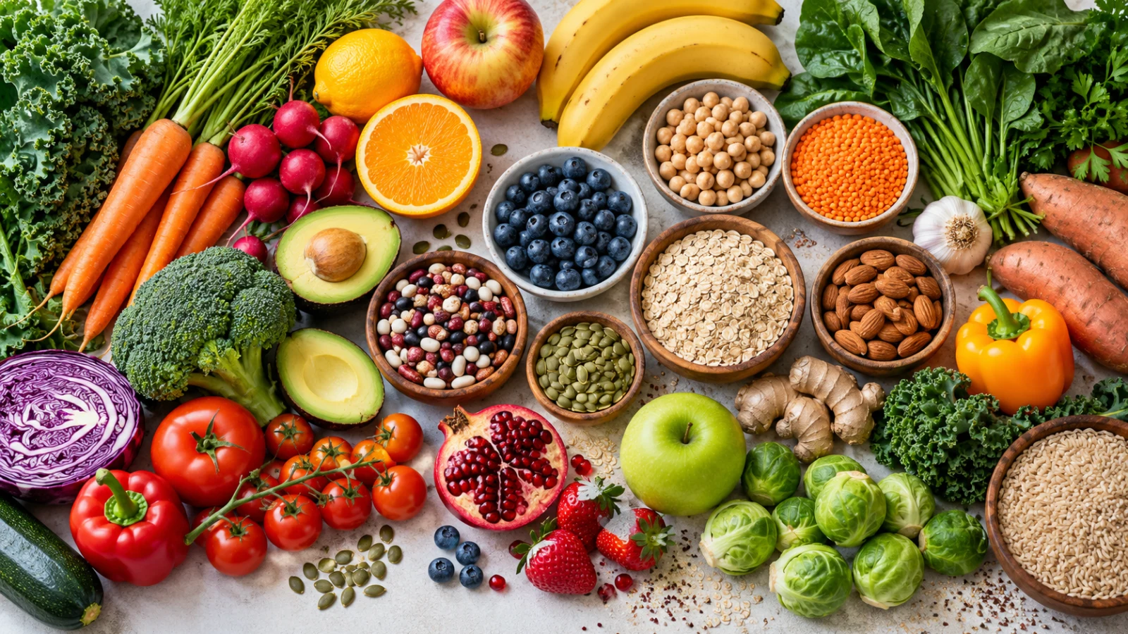 A wide overhead spread of many different vegetables, fruits, beans, and grains.