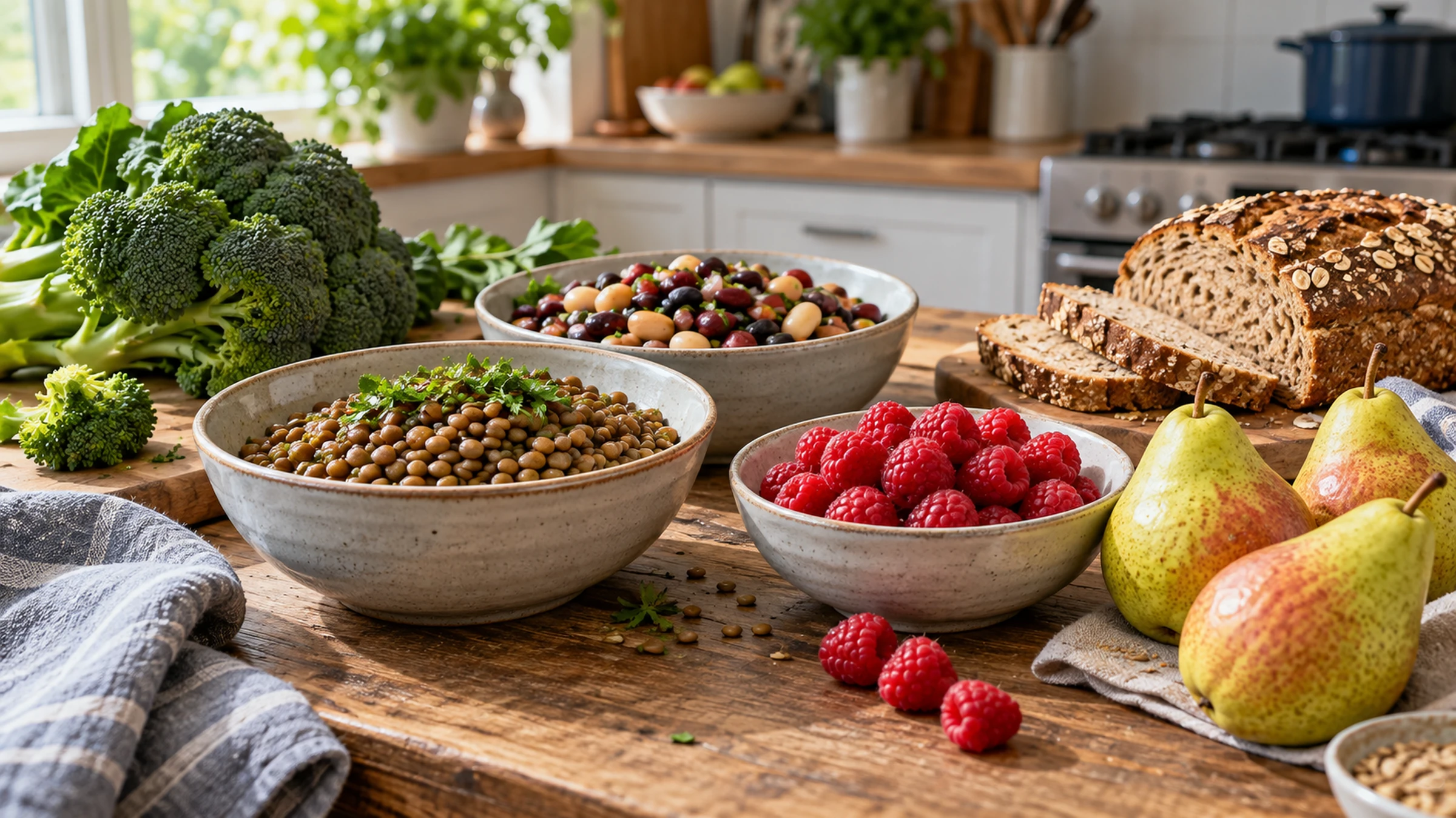A wooden table with bowls of lentils, olives and beans, and raspberries, broccoli, sliced seeded bread, and pears.