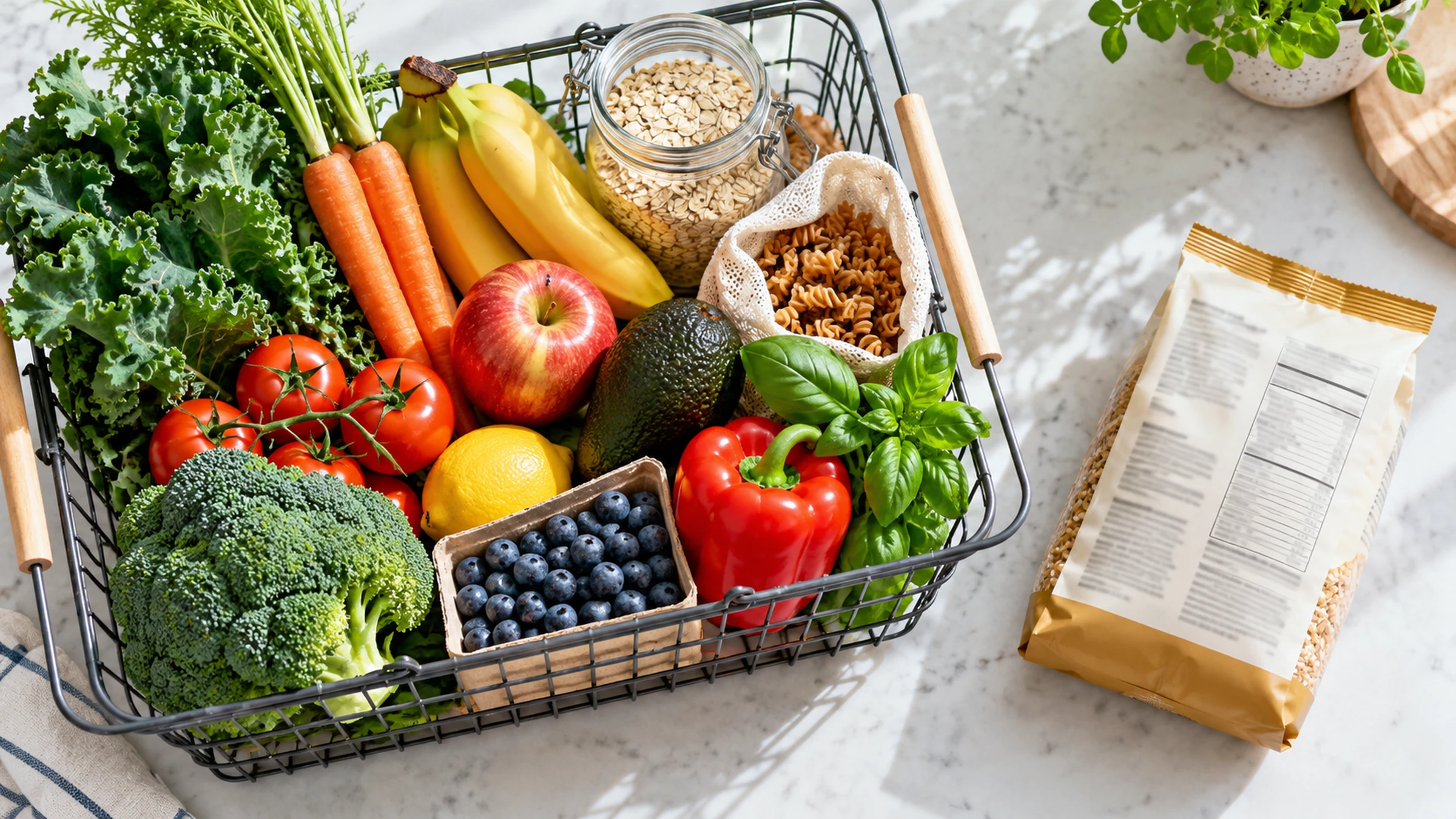 A wire basket of fresh produce beside a package turned to its nutrition panel on a bright counter.