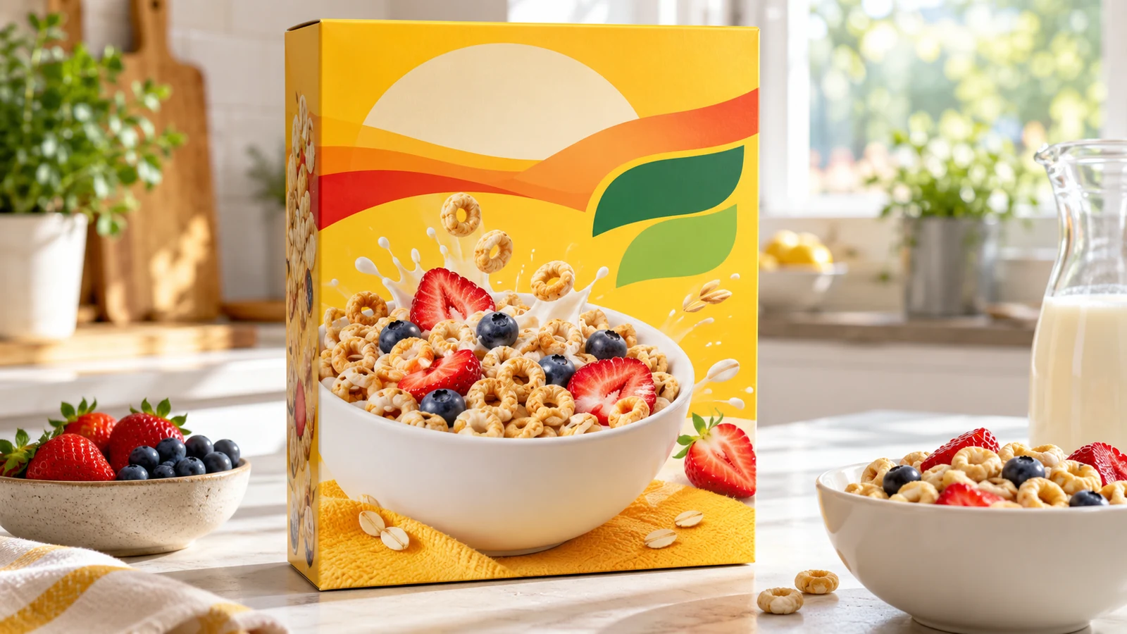 A bright cereal box with abstract sunrise graphics beside a bowl of cereal with berries.
